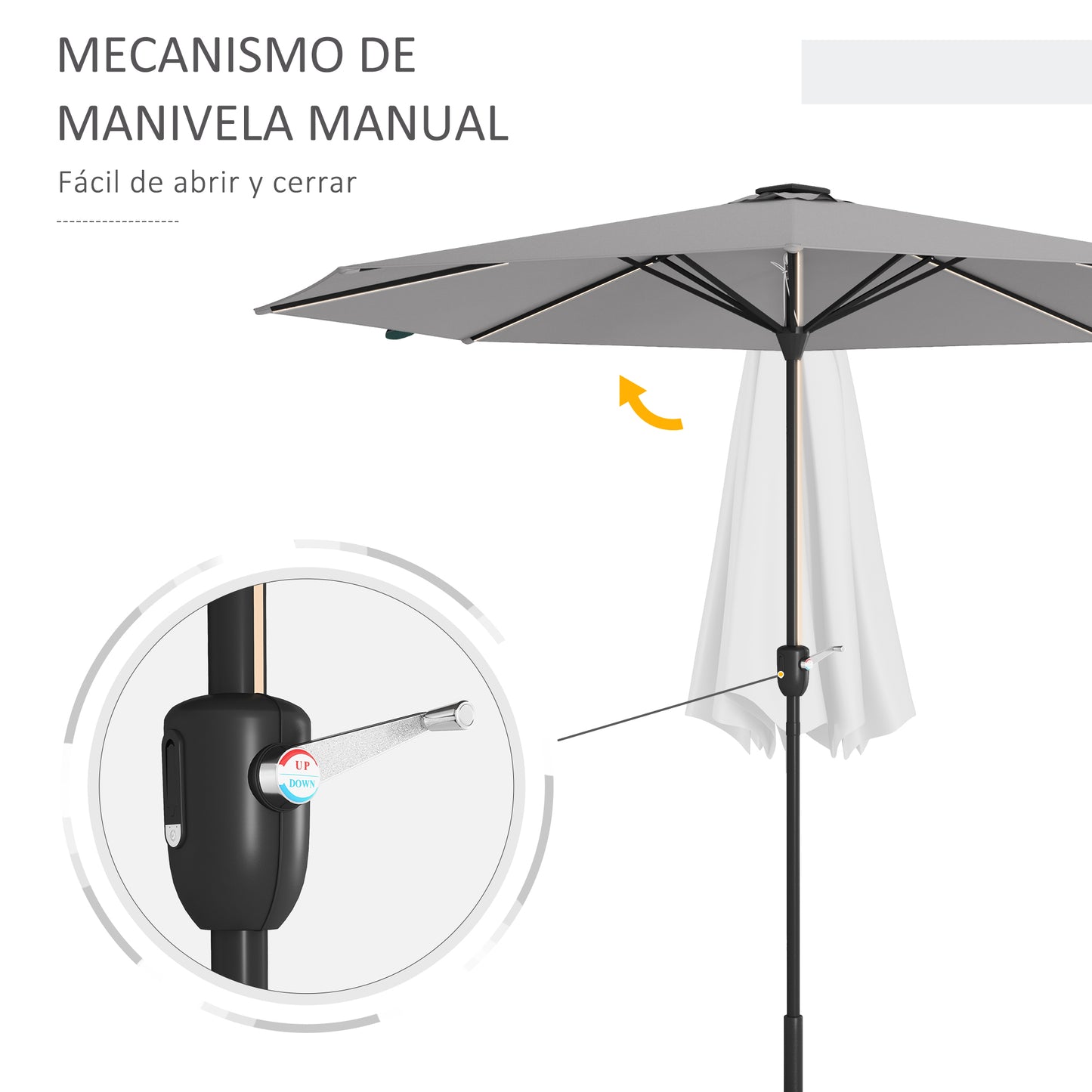 Outsunny Sombrilla de Jardín Ø265x240 cm Parasol de Terraza con Luces LED Solares Manivela e Impermeable para Piscina Patio Gris Claro