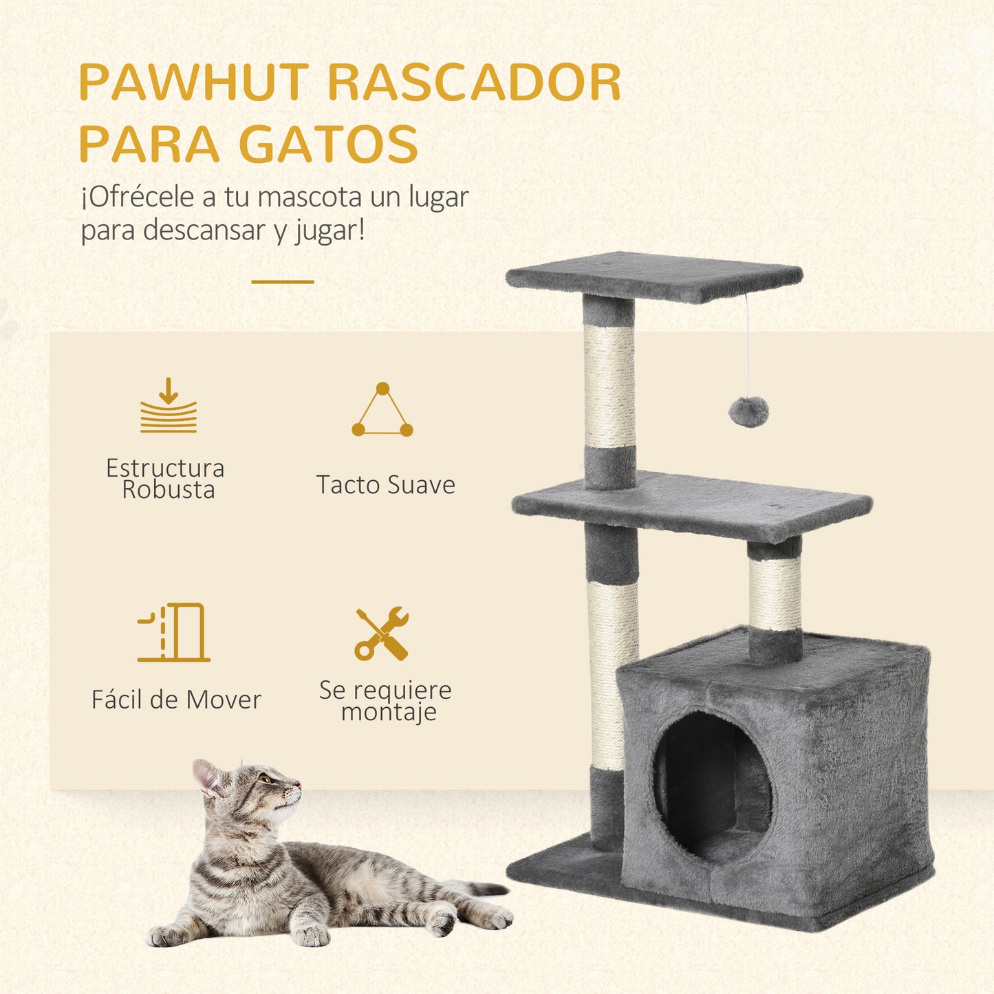 PawHut Árbol Rascador para Gatos 81,5 cm Torre para Gatos con Postes de Sisal 2 Plataformas Cueva y Bola Colgante Estilo Elegante 50x30x81,5 cm Gris