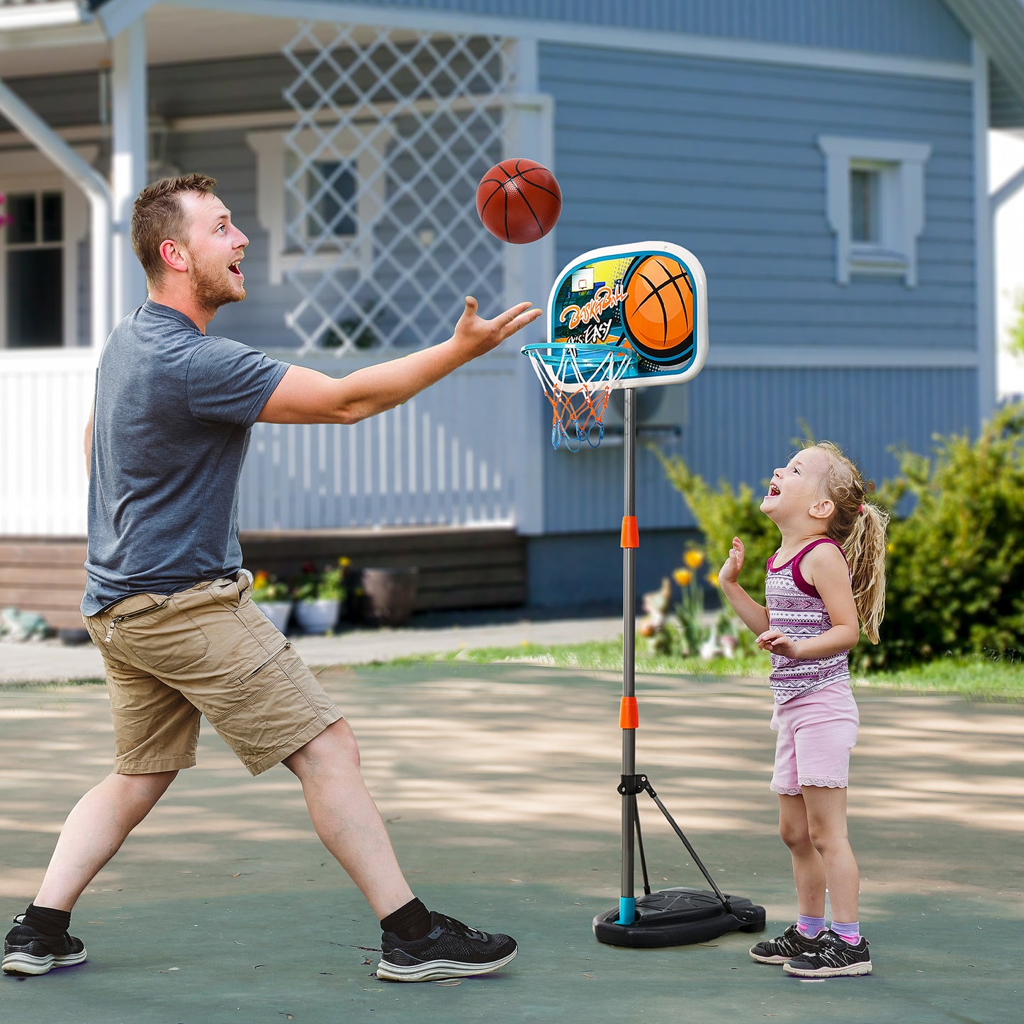 HOMCOM Canasta de Baloncesto para Niños Aro Baloncesto con Soporte Altura Ajustable y Base Rellenable Incluida Interior y Exterior 32x65x126-158 cm