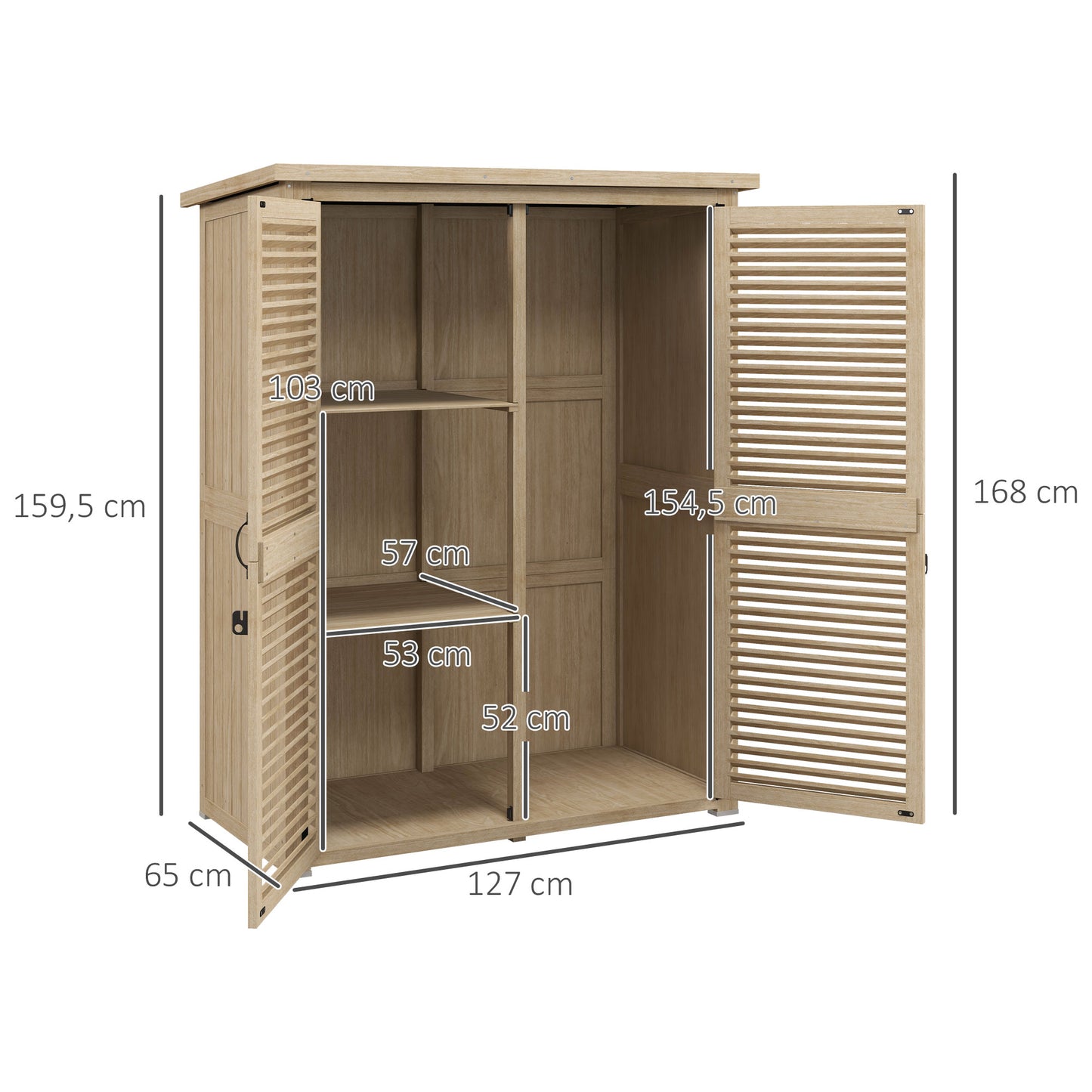 Outsunny Cobertizo de Madera 0,83 m² 127x65x168 cm Armario de Exterior de Madera con 2 Puertas de Persiana 2 Estantes 2 Asas y Techo Impermeable para Jardín Natural