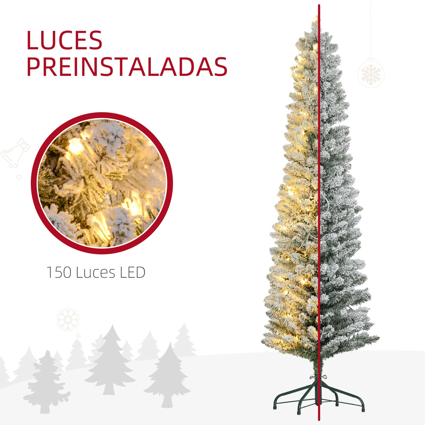 HOMCOM Árbol de Navidad 180 cm Árbol de Navidad Artificial Nevado con 150 Luces LED 329 Ramas y Soporte de Metal Árbol de Navideño para Salón Verde y Blanco