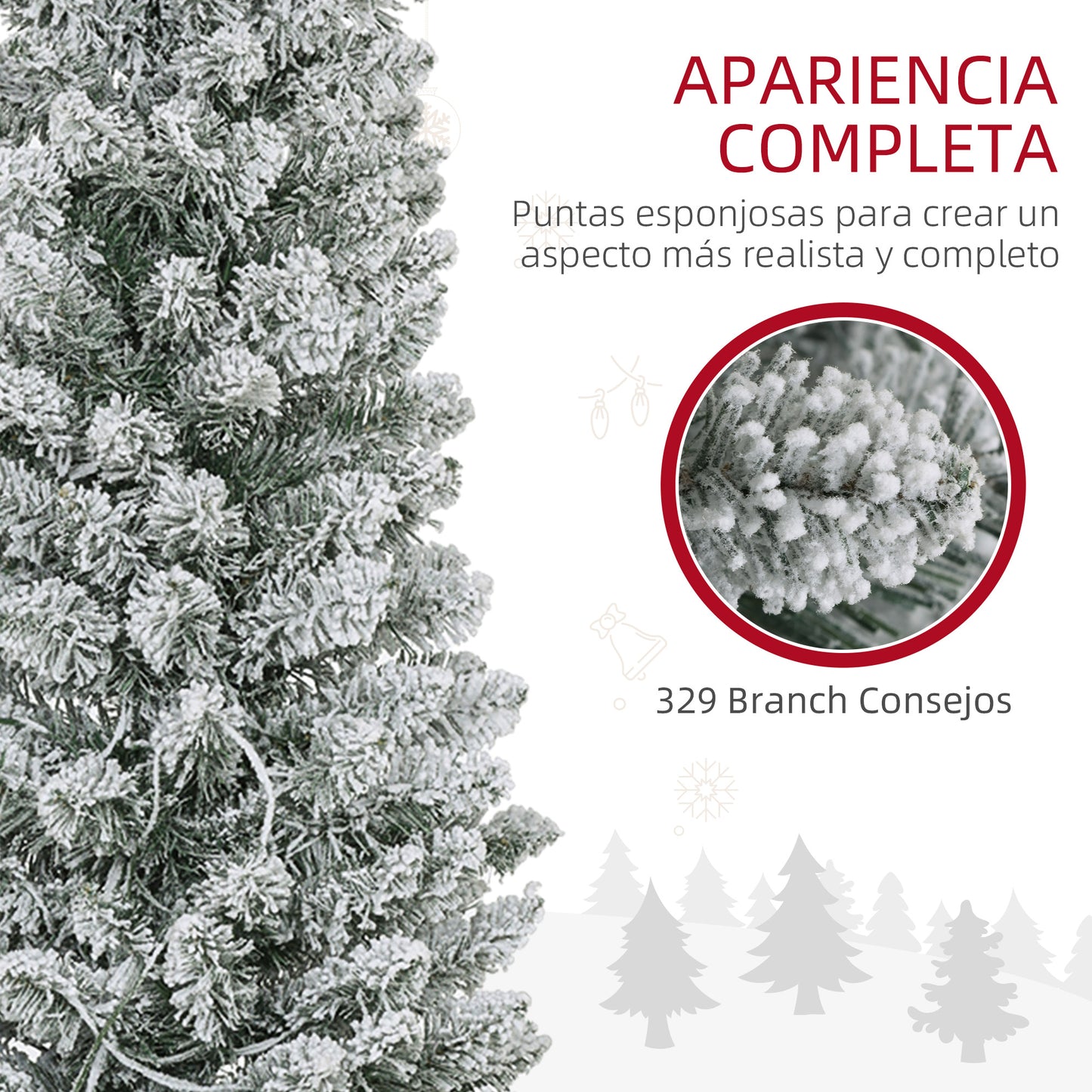 HOMCOM Árbol de Navidad 180 cm Árbol de Navidad Artificial Nevado con 150 Luces LED 329 Ramas y Soporte de Metal Árbol de Navideño para Salón Verde y Blanco