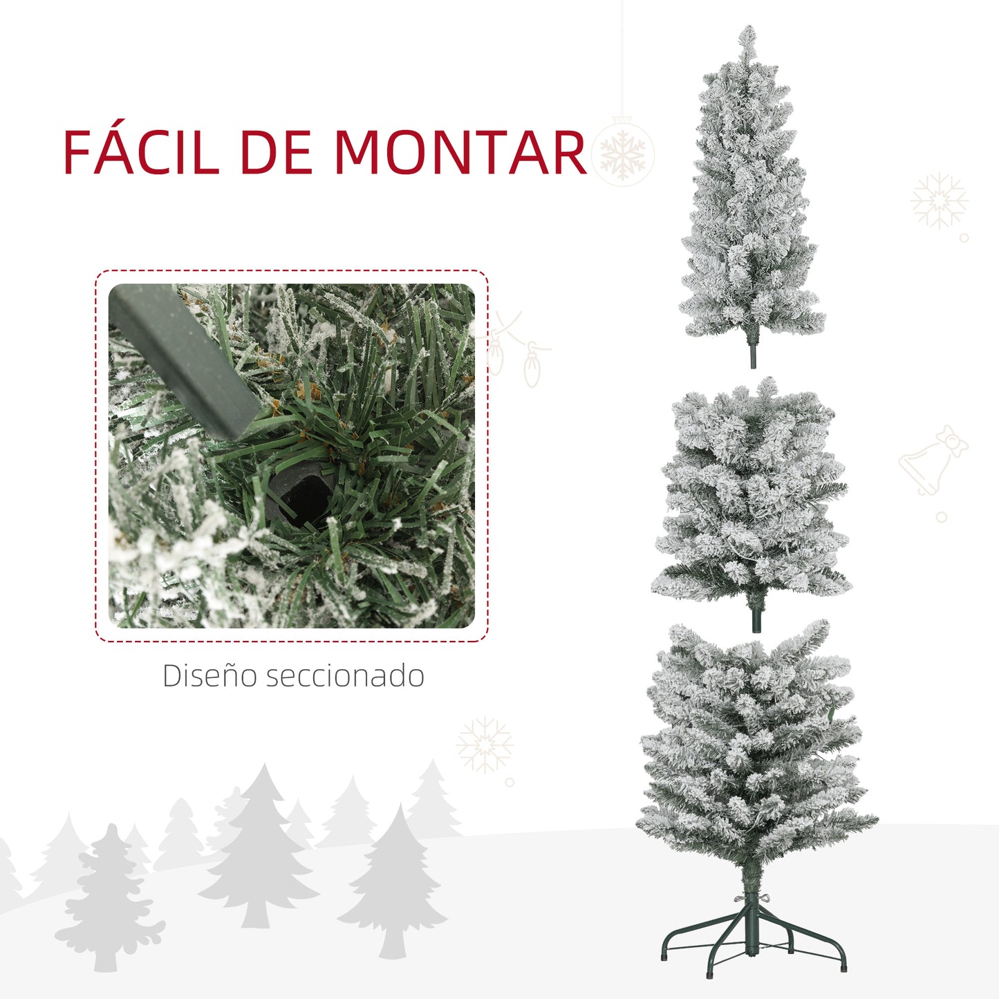 HOMCOM Árbol de Navidad 180 cm Árbol de Navidad Artificial Nevado con 150 Luces LED 329 Ramas y Soporte de Metal Árbol de Navideño para Salón Verde y Blanco