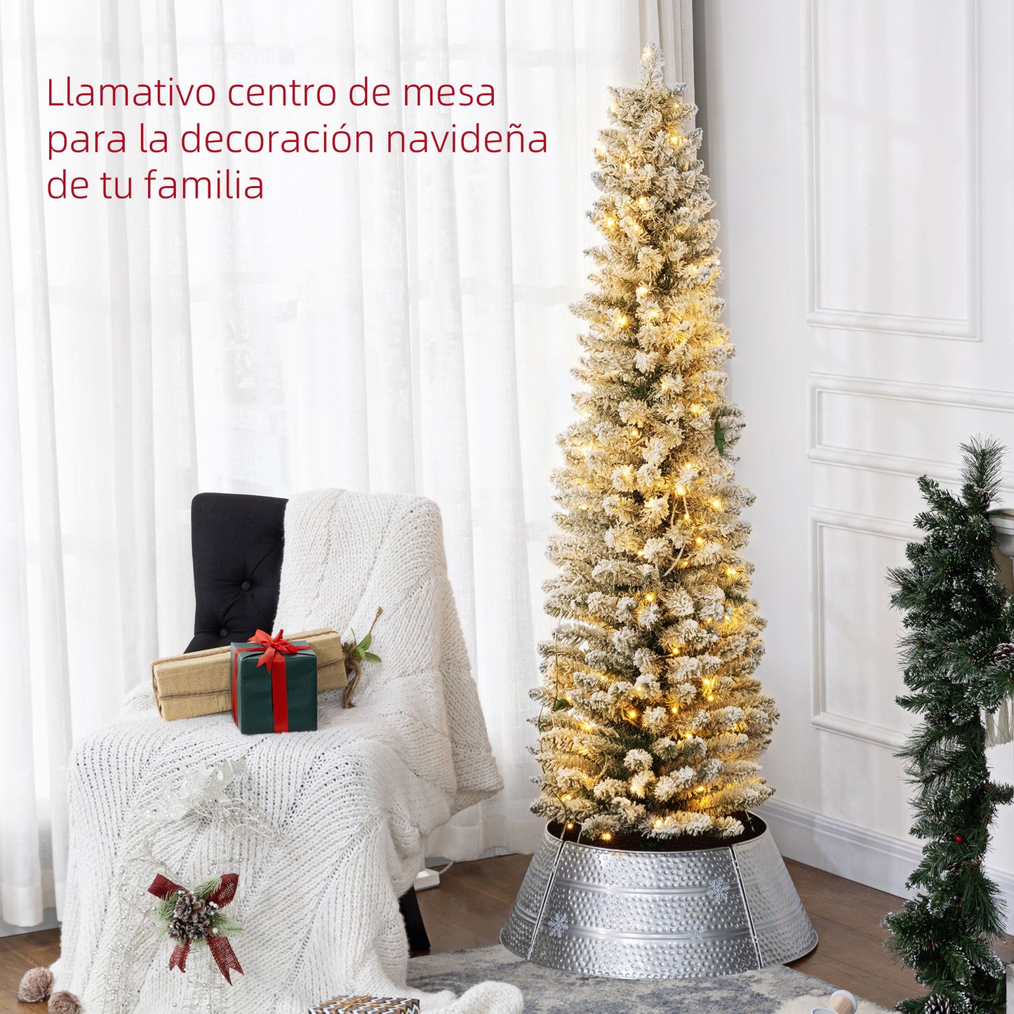 HOMCOM Árbol de Navidad 180 cm Árbol de Navidad Artificial Nevado con 150 Luces LED 329 Ramas y Soporte de Metal Árbol de Navideño para Salón Verde y Blanco