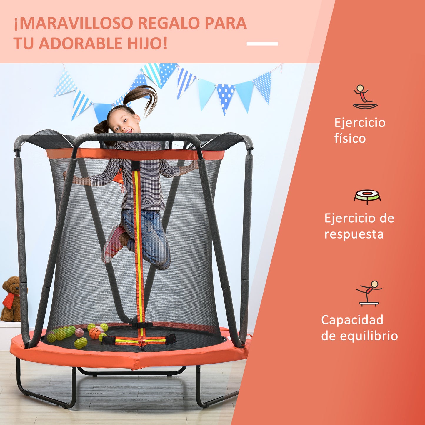 ZONEKIZ Cama Elástica Infantil Ø140 cm Trampolín para Niños de 3-10 Años con Red de Seguridad Baloncesto Aro de Baloncesto y 20 Bolas de Plástico para Interior Rojo