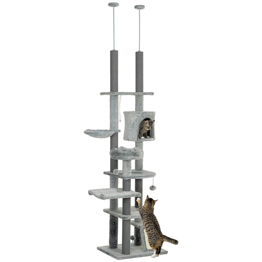 PawHut Árbol para Gatos de Suelo a Techo de 225-255 cm Árbol Rascador para Gatos con Altura Ajustable Plataformas Cueva Cama Hamaca Rampa Bolas Juguetes Gris