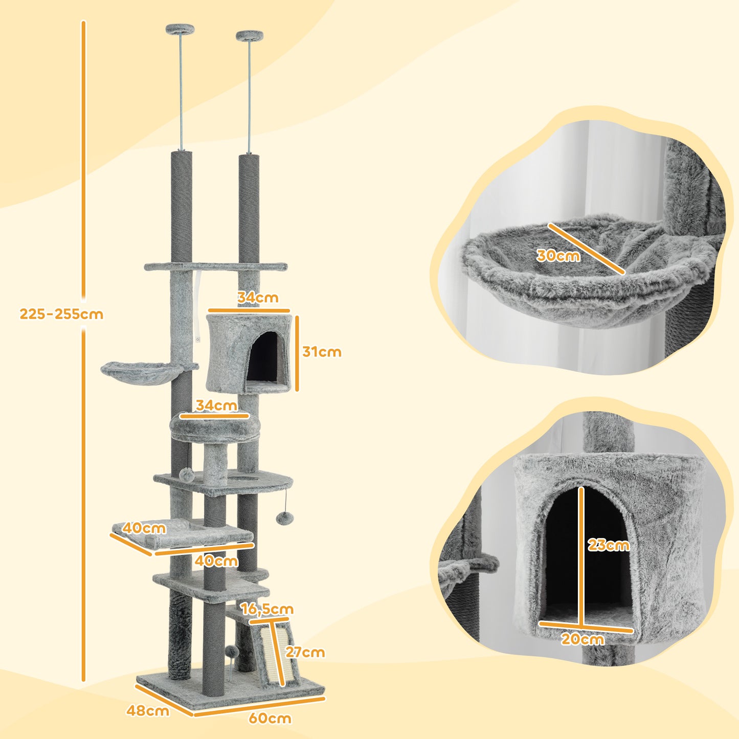 PawHut Árbol para Gatos de Suelo a Techo de 225-255 cm Árbol Rascador para Gatos con Altura Ajustable Plataformas Cueva Cama Hamaca Rampa Bolas Juguetes Gris