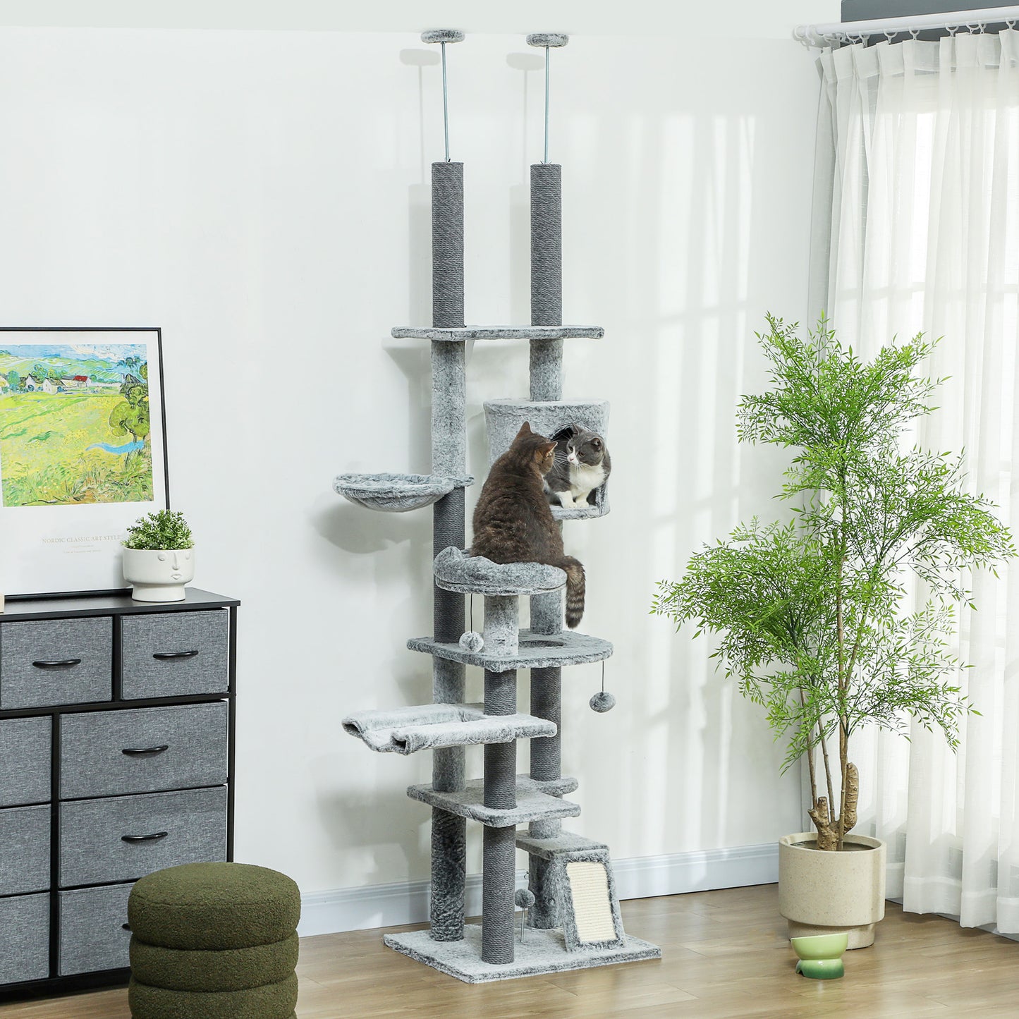 PawHut Árbol para Gatos de Suelo a Techo de 225-255 cm Árbol Rascador para Gatos con Altura Ajustable Plataformas Cueva Cama Hamaca Rampa Bolas Juguetes Gris