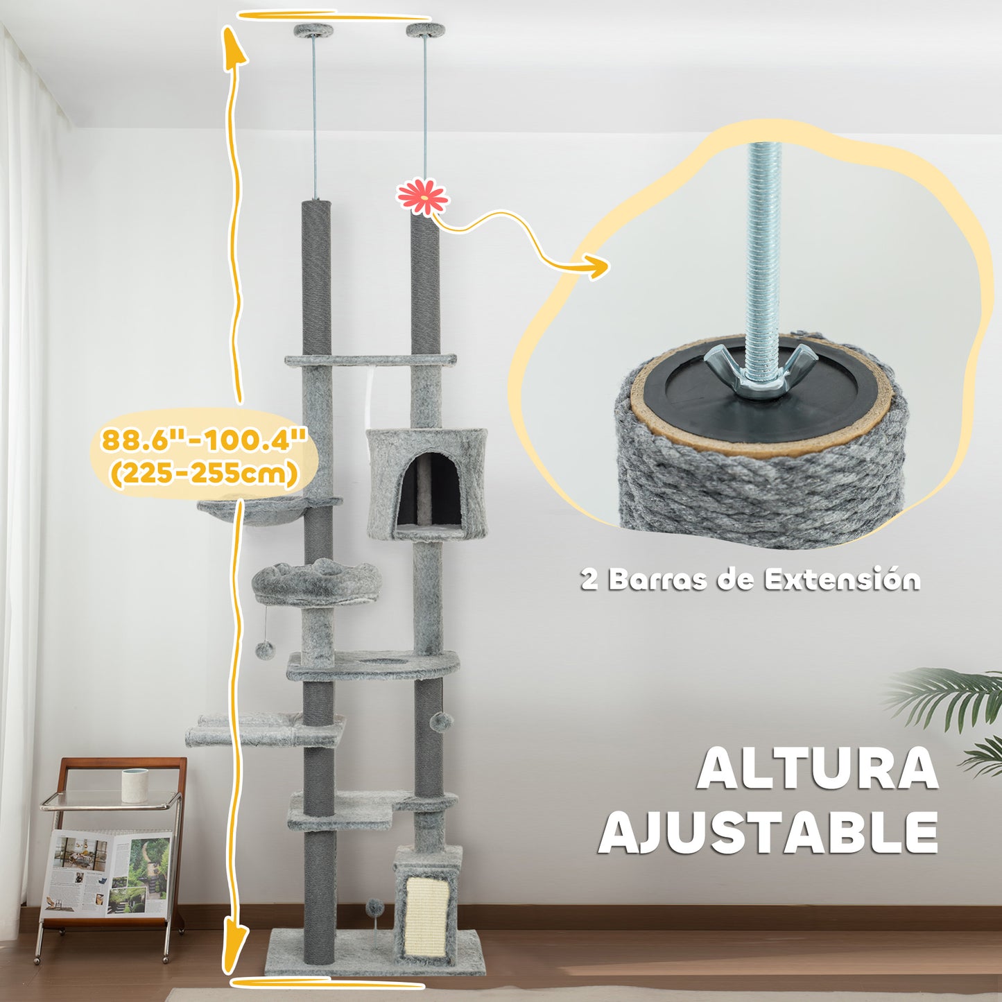 PawHut Árbol para Gatos de Suelo a Techo de 225-255 cm Árbol Rascador para Gatos con Altura Ajustable Plataformas Cueva Cama Hamaca Rampa Bolas Juguetes Gris