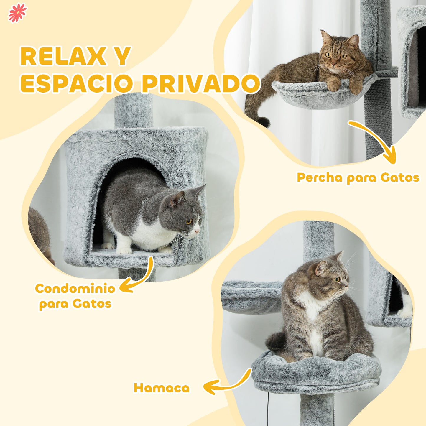 PawHut Árbol para Gatos de Suelo a Techo de 225-255 cm Árbol Rascador para Gatos con Altura Ajustable Plataformas Cueva Cama Hamaca Rampa Bolas Juguetes Gris