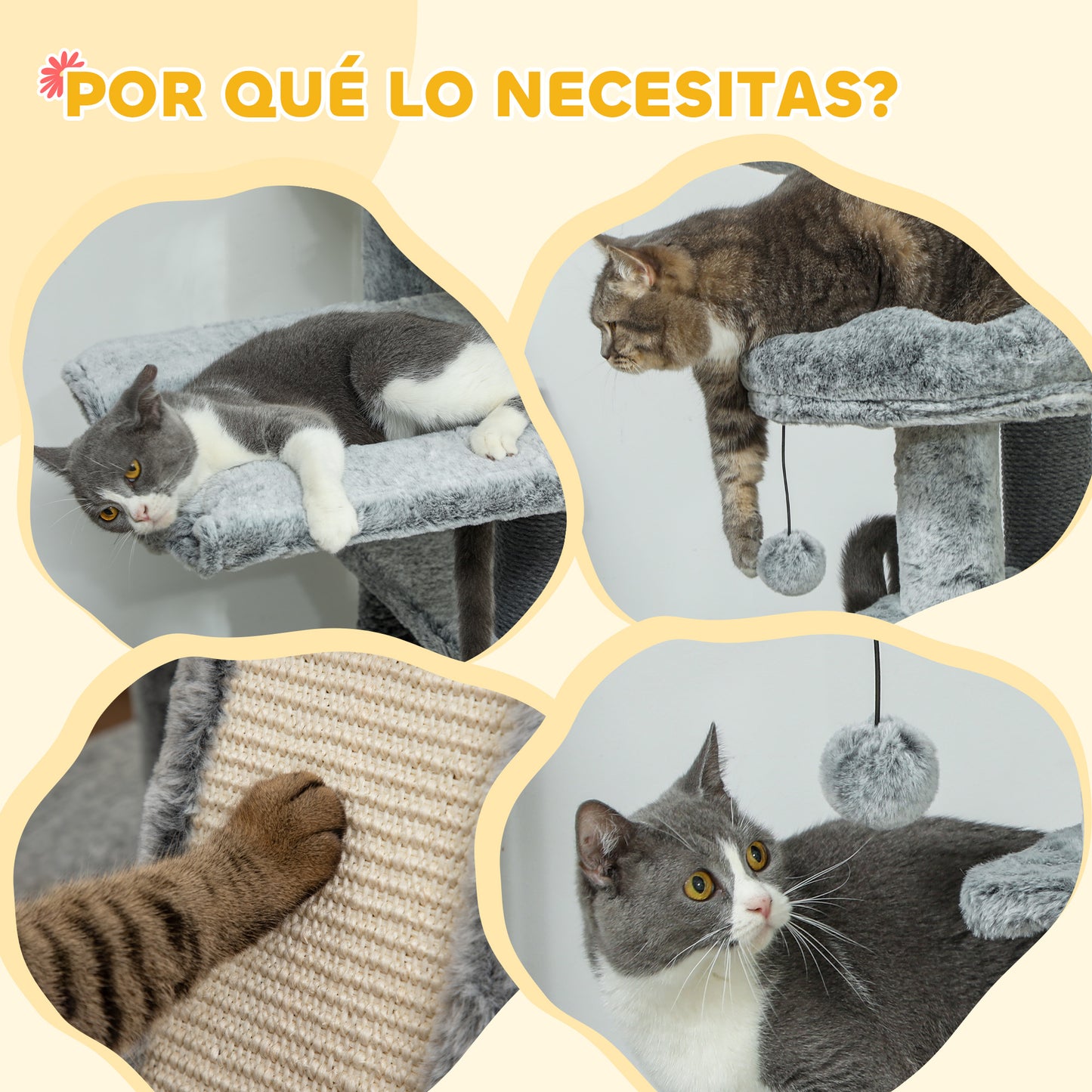 PawHut Árbol para Gatos de Suelo a Techo de 225-255 cm Árbol Rascador para Gatos con Altura Ajustable Plataformas Cueva Cama Hamaca Rampa Bolas Juguetes Gris