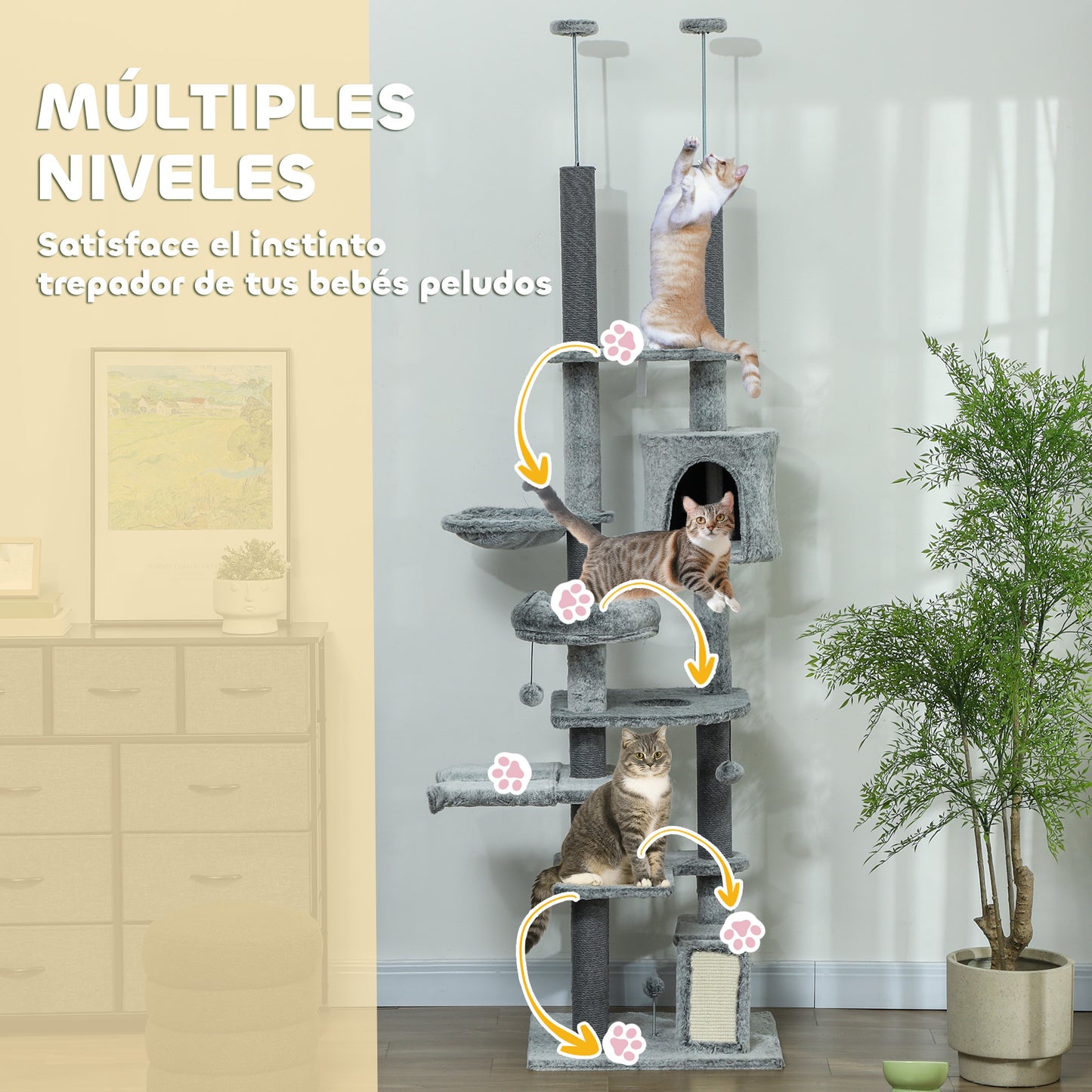 PawHut Árbol para Gatos de Suelo a Techo de 225-255 cm Árbol Rascador para Gatos con Altura Ajustable Plataformas Cueva Cama Hamaca Rampa Bolas Juguetes Gris