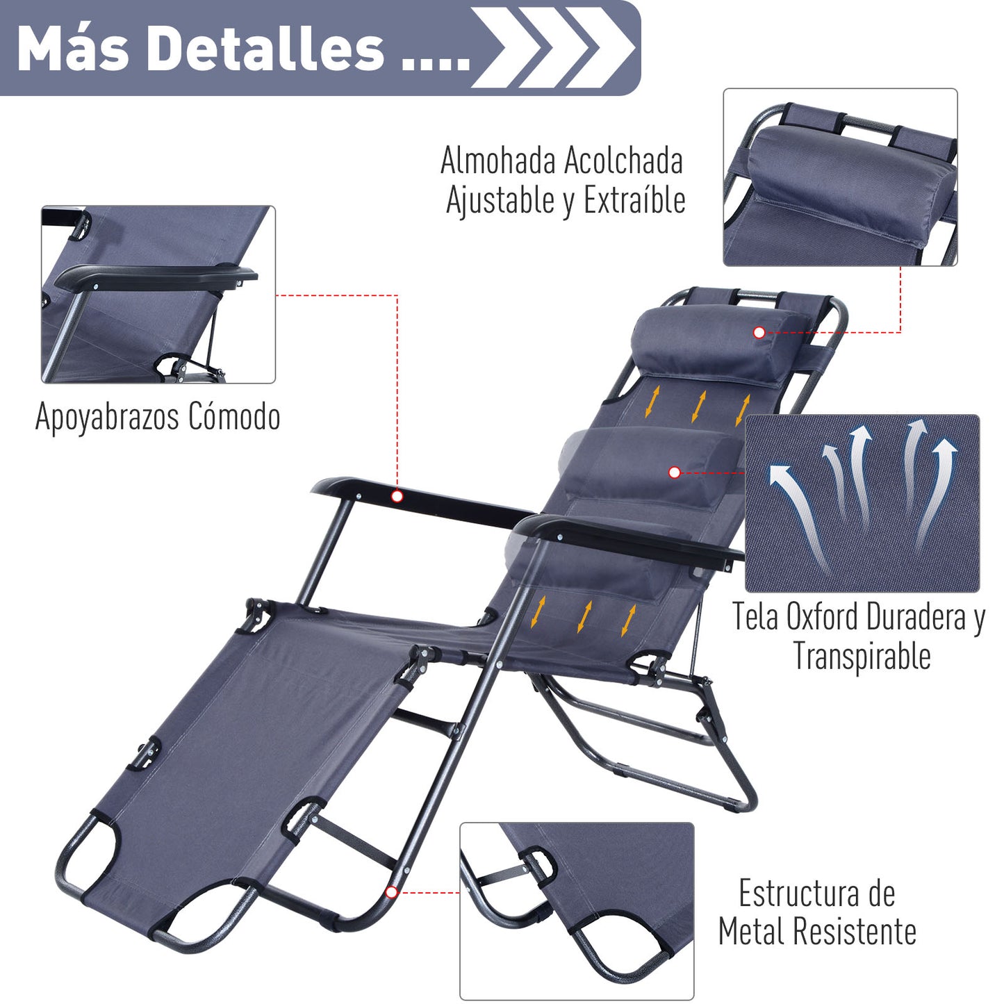 Outsunny Tumbona Reclinable y Plegable Silla de Playa Tumbona Relax Plegable con Respaldo Ajustable Reposabrazos Almohada y Reposapiés para Jardín Balcón Carga 136 kg 135x60x89 cm Gris