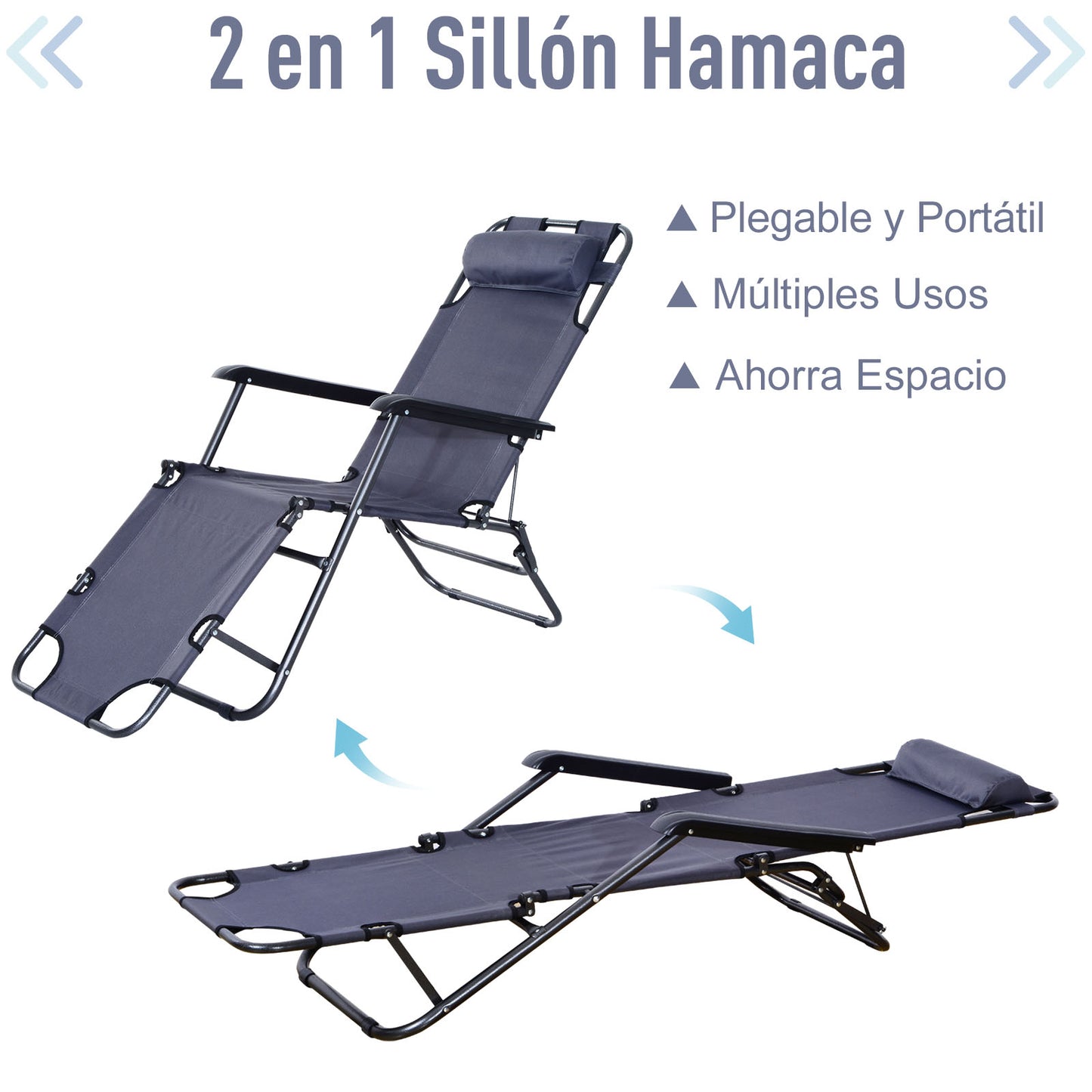 Outsunny Tumbona Reclinable y Plegable Silla de Playa Tumbona Relax Plegable con Respaldo Ajustable Reposabrazos Almohada y Reposapiés para Jardín Balcón Carga 136 kg 135x60x89 cm Gris