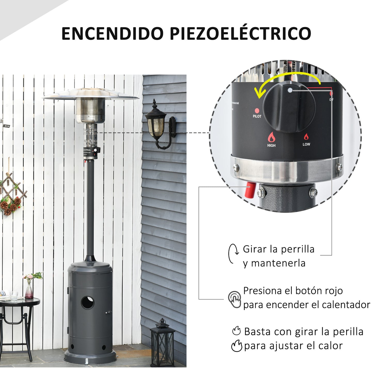 Outsunny Calentador de Patio 12,5KW Tipo Sombrilla Estufa de Gas para Exterior con Apagado Automático Ruedas y Cubierta Ø81,5x225 cm Gris Carbón