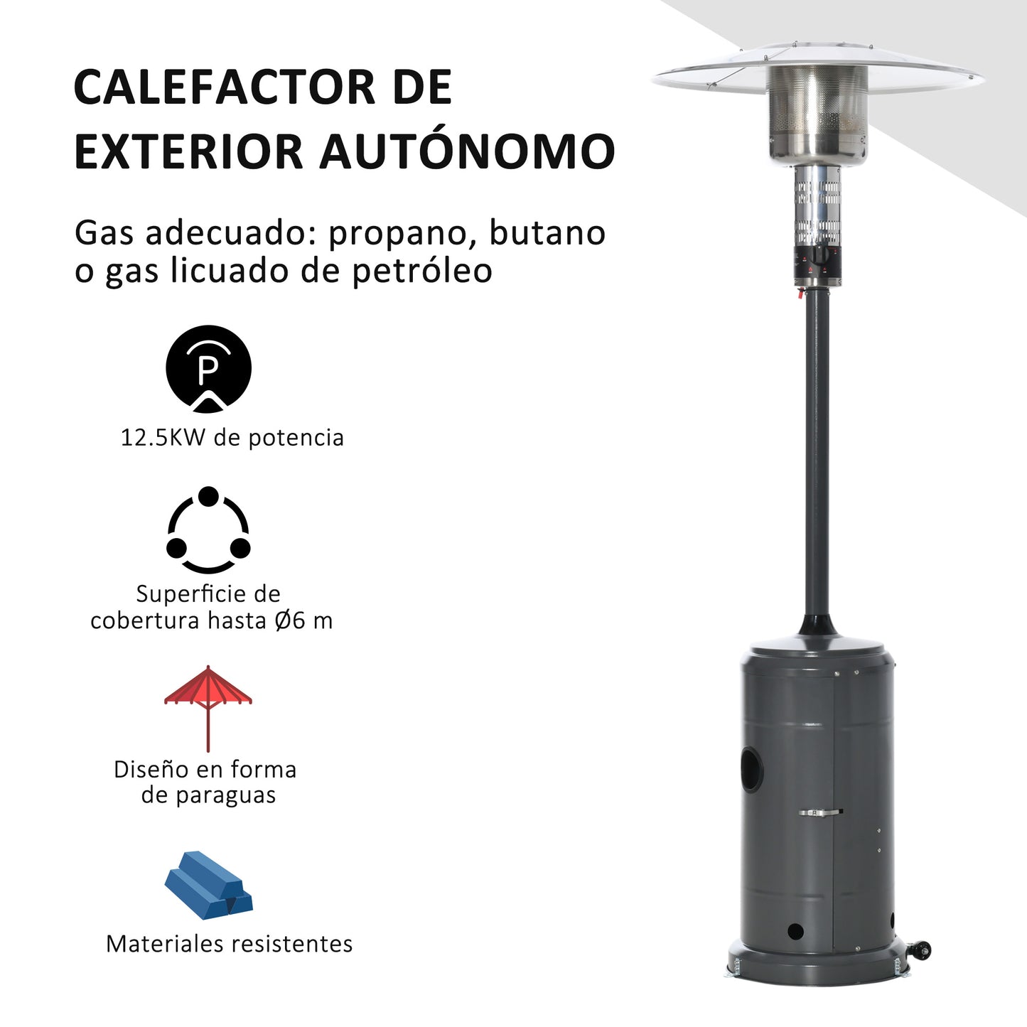 Outsunny Calentador de Patio 12,5KW Tipo Sombrilla Estufa de Gas para Exterior con Apagado Automático Ruedas y Cubierta Ø81,5x225 cm Gris Carbón