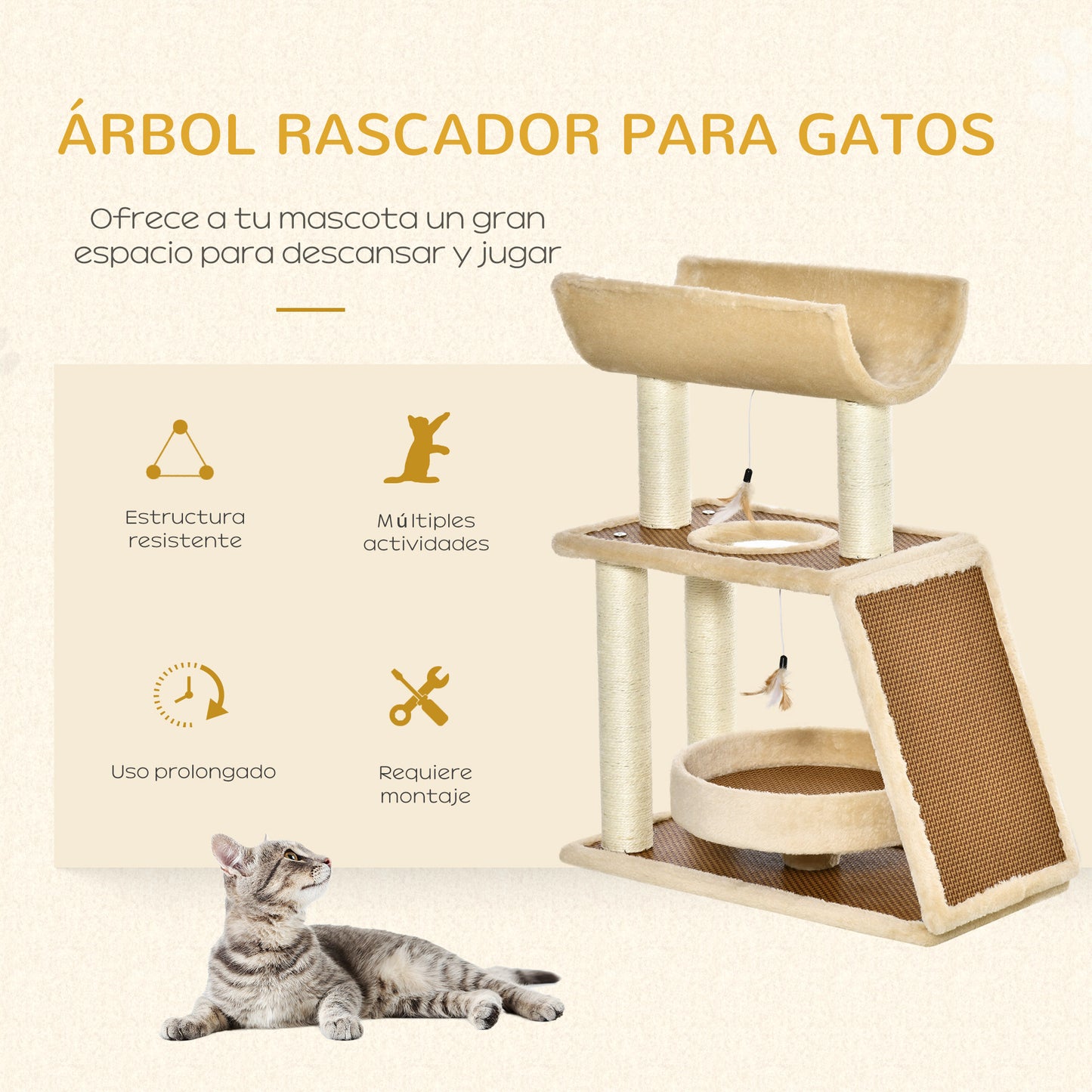 PawHut Árbol Rascador para Gatos 60x30x76 cm con Cama de Lino Postes Rascadores de Sisal Natural Plataforma Tipo Túnel Rampa y Juguetes Colgantes Beige y Marrón