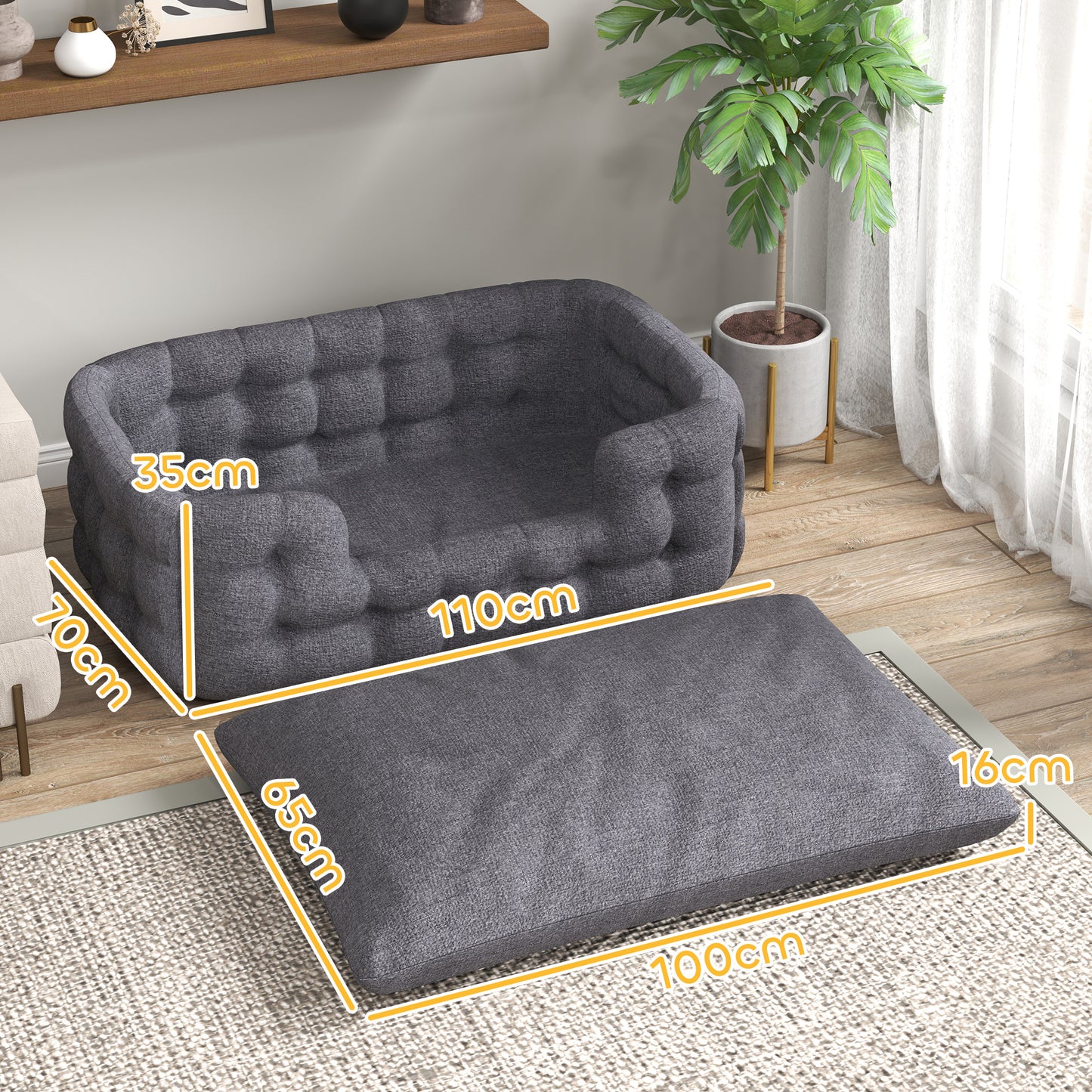 PawHut Cama para Perros Medianos Cama para Mascotas con 2 Almohadas Colchón para Perros con Base Antideslizante Funda Extraíble y Lavable 110x70x35 cm Gris