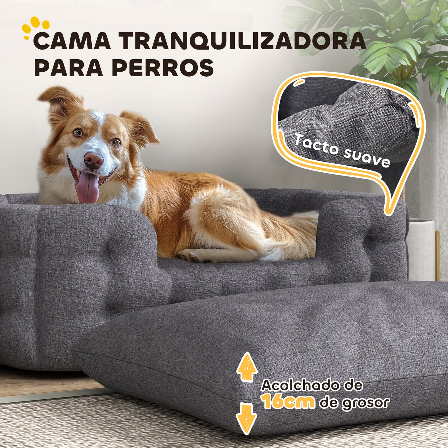 PawHut Cama para Perros Medianos Cama para Mascotas con 2 Almohadas Colchón para Perros con Base Antideslizante Funda Extraíble y Lavable 110x70x35 cm Gris