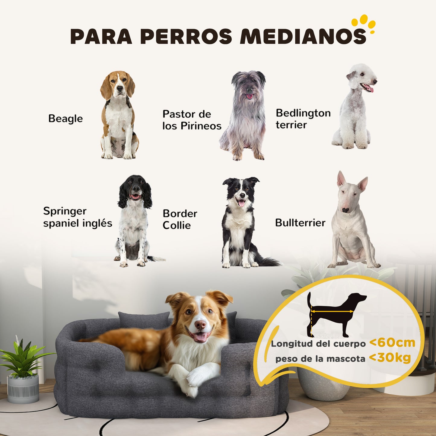 PawHut Cama para Perros Medianos Cama para Mascotas con 2 Almohadas Colchón para Perros con Base Antideslizante Funda Extraíble y Lavable 110x70x35 cm Gris