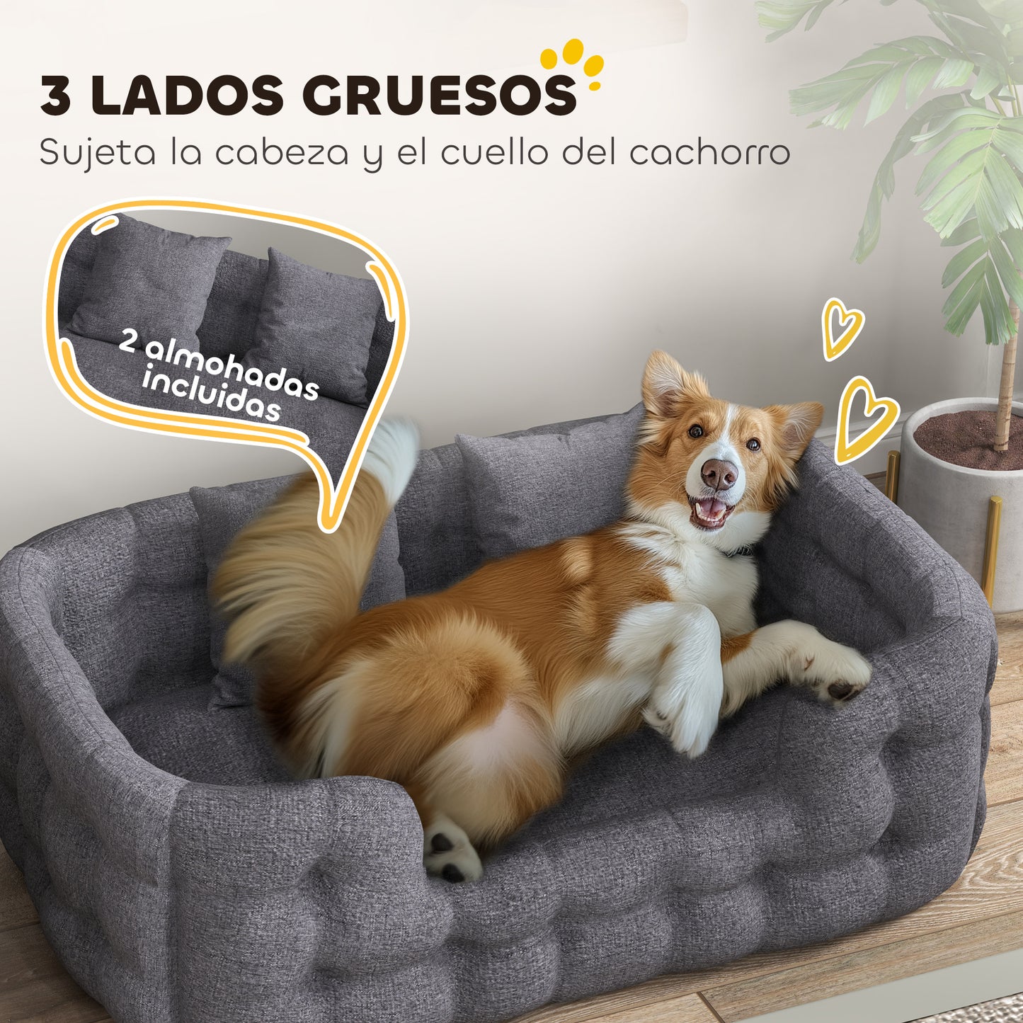 PawHut Cama para Perros Medianos Cama para Mascotas con 2 Almohadas Colchón para Perros con Base Antideslizante Funda Extraíble y Lavable 110x70x35 cm Gris