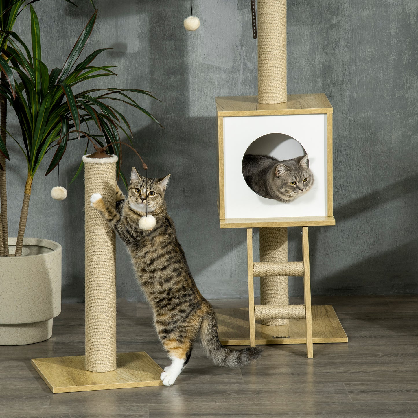 PawHut Árbol para Gatos del Suelo al Techo 225-285 cm Árbol Pequeño para Gatos con Altura Ajustable Plataformas Hamaca Caseta Poste de Yute Rampa y Bolas para Jugar 40x40x225-285 cm Beige