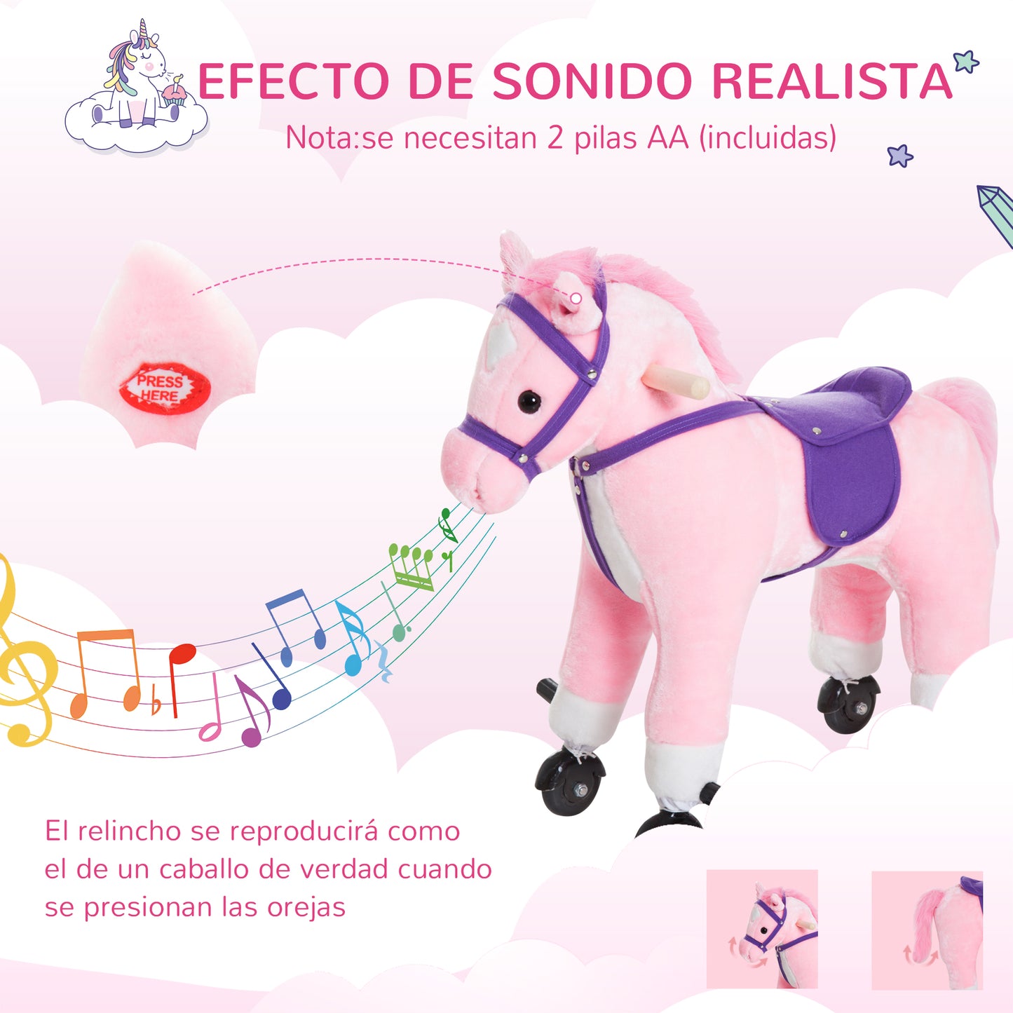 HOMCOM Caballito para Bebes de +36 Meses Caballo con Ruedas Sonidos de Relincho Palos y Pedales Carga 60 kg 55x23x60 cm Rosa