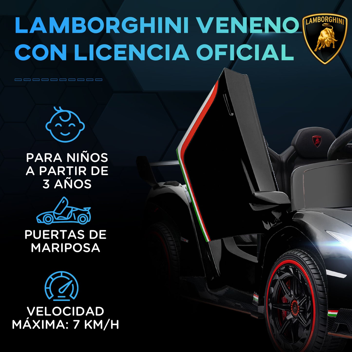 HOMCOM Coche Eléctrico Lamborghini para Niños de 3 a 6 Años Coche de Batería 12V Velocidad Max.7 km/h Puerta de Tijera con Control Remoto MP3 Luces y Cinturón de Seguridad 111x61x45 cm Negro