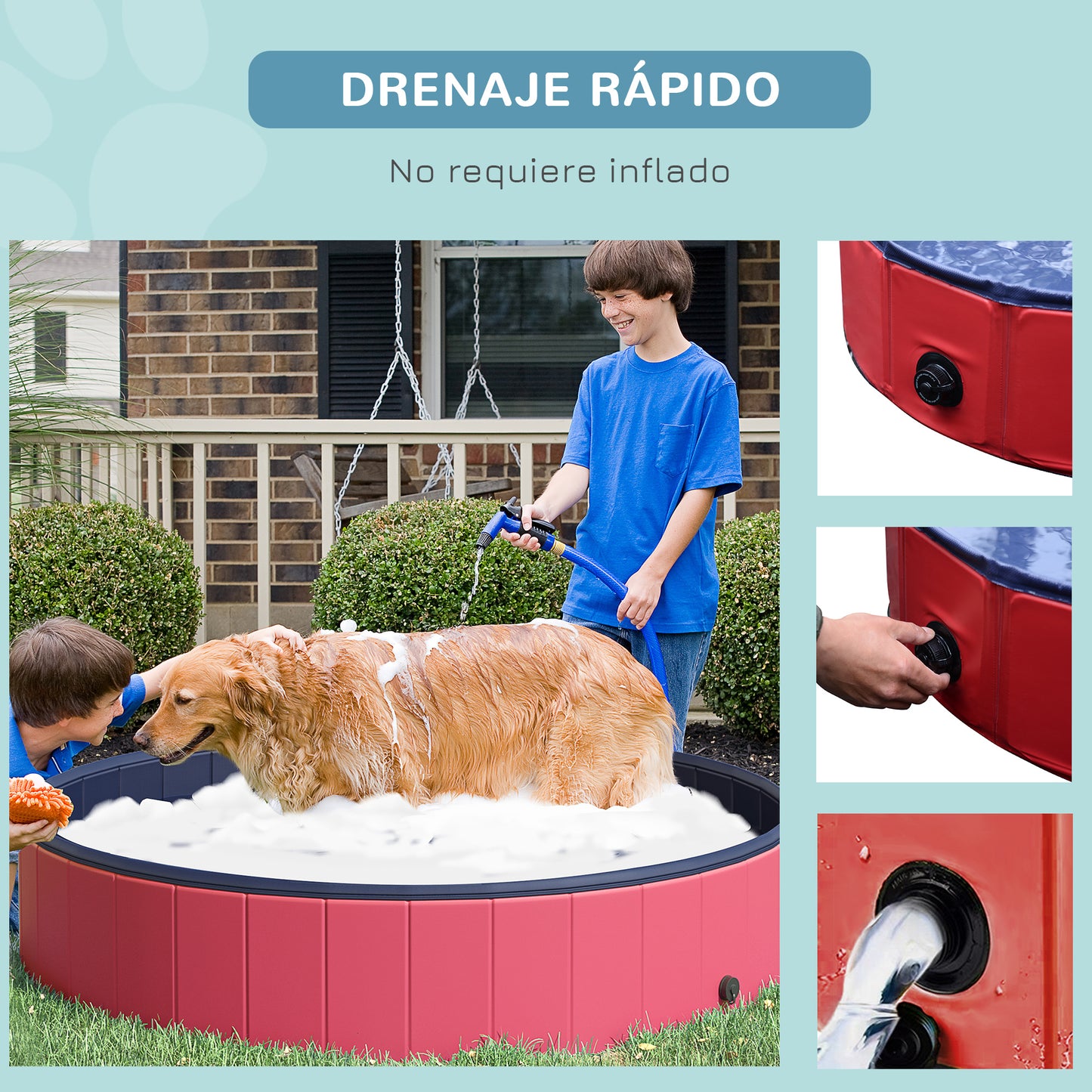 PawHut Piscina Plegable para Perros Gatos Ø160x30 cm Bañera Portátil para Mascotas PVC Antideslizante Múltiples Usos para Interiores y Exteriores Rojo