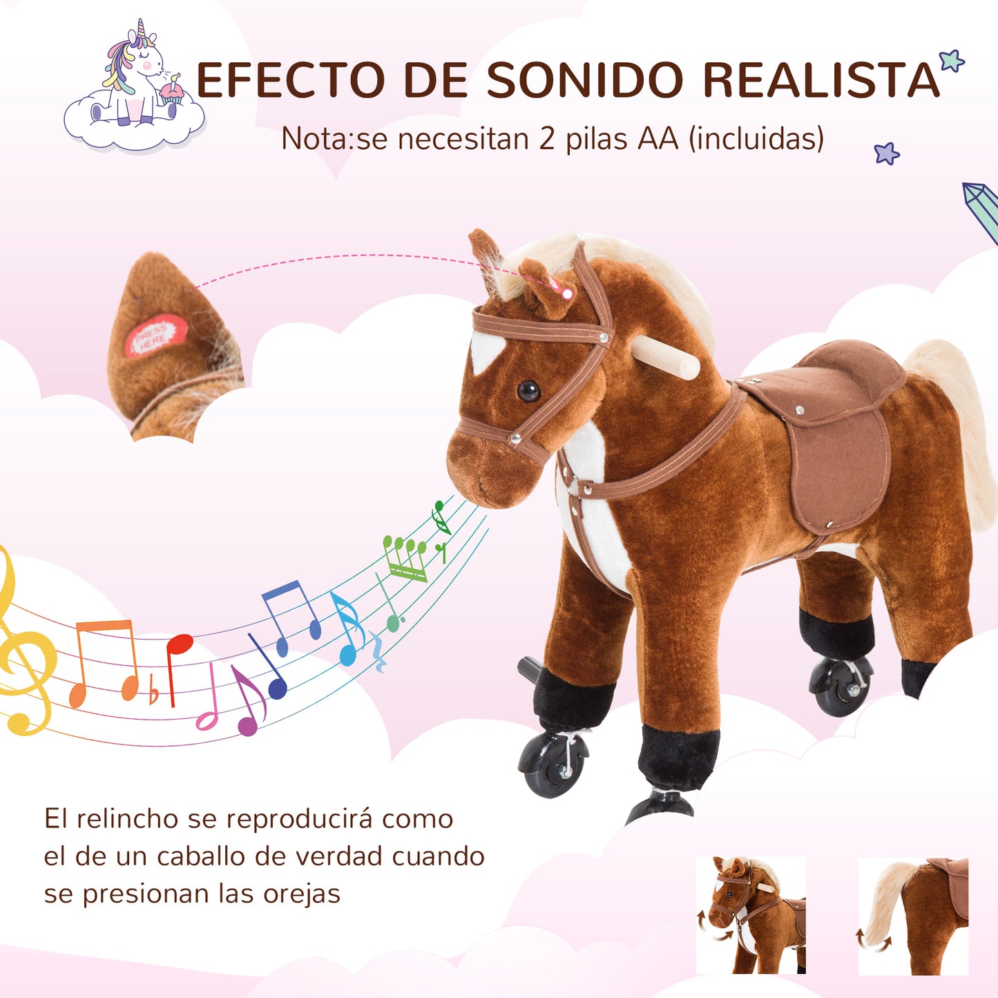 HOMCOM Caballito para Bebes de +36 Meses Caballo con Ruedas Sonidos de Relincho Palos y Pedales Carga 60 kg 55x23x60 cm Marrón