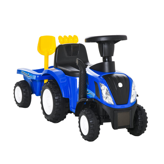 HOMCOM Tractor sin Pedales para Niños de 12-36 Meses con Remolque Extraíble Coche Correpasillos con Bocina Faros Pala Asiento de Suelo 25 cm y Rastrillo Carga 25 kg 91x29x44 cm Azul