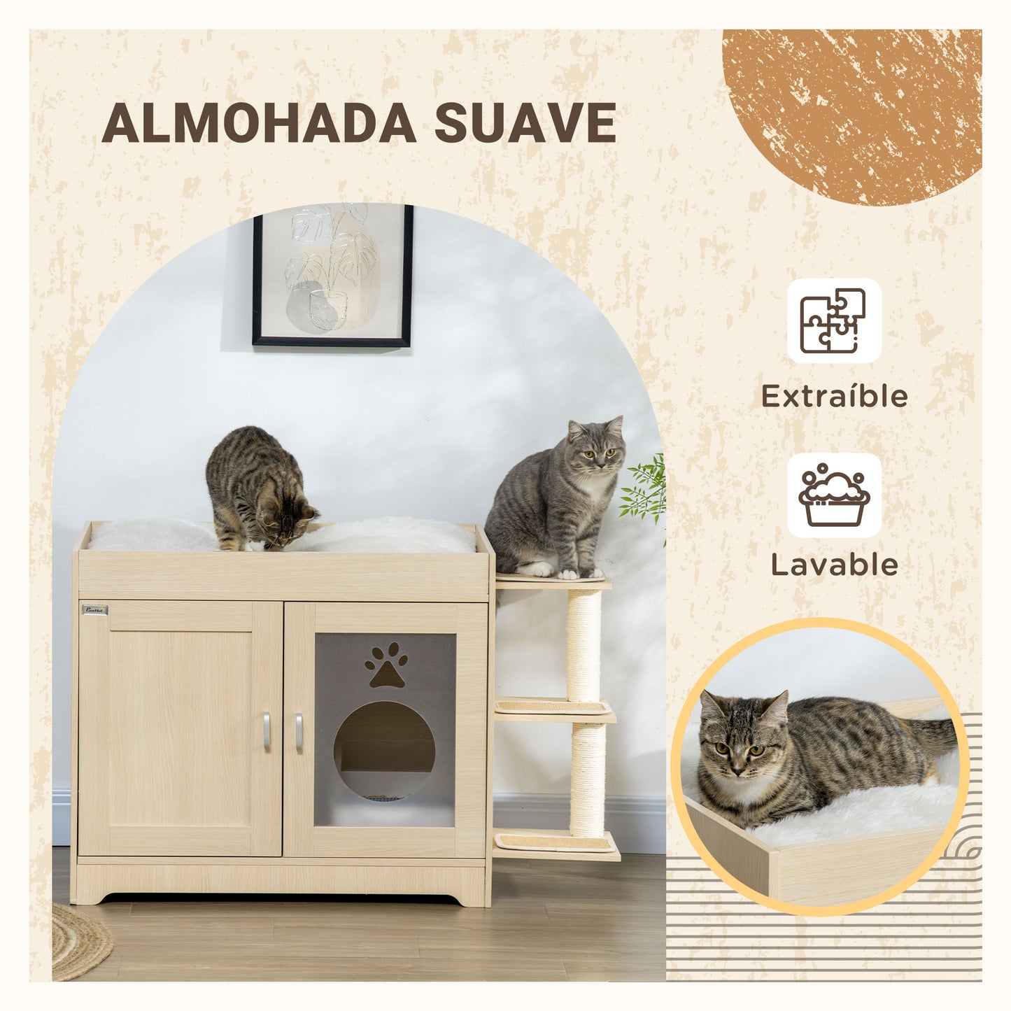 PawHut Arenero para Gatos de Madera con 2 Puertas Mueble Arenero para Gatos con Cama Cojín Suave 3 Plataformas y Postes de Sisal 107x54x70 cm Roble