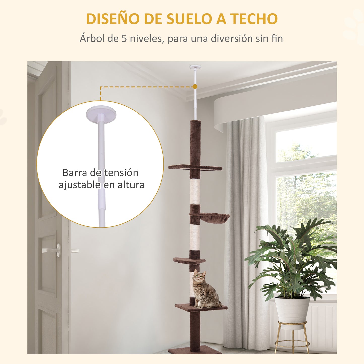 PawHut Árbol para Gatos de Suelo a Techo de 230-260 cm Torre para Gatos con Altura Ajustable Plataformas Hamaca y Postes de Sisal Marrón