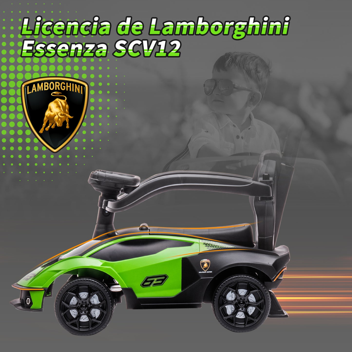 AIYAPLAY 2 en 1 Coche Correpasillos para Niños 12-36 Meses Lamborghini Essenza SCV12 Andador Empujador con Bocina Mango de Empuje y Barandilla Extraíbles 86,5x40x89,5 cm Verde y Negro