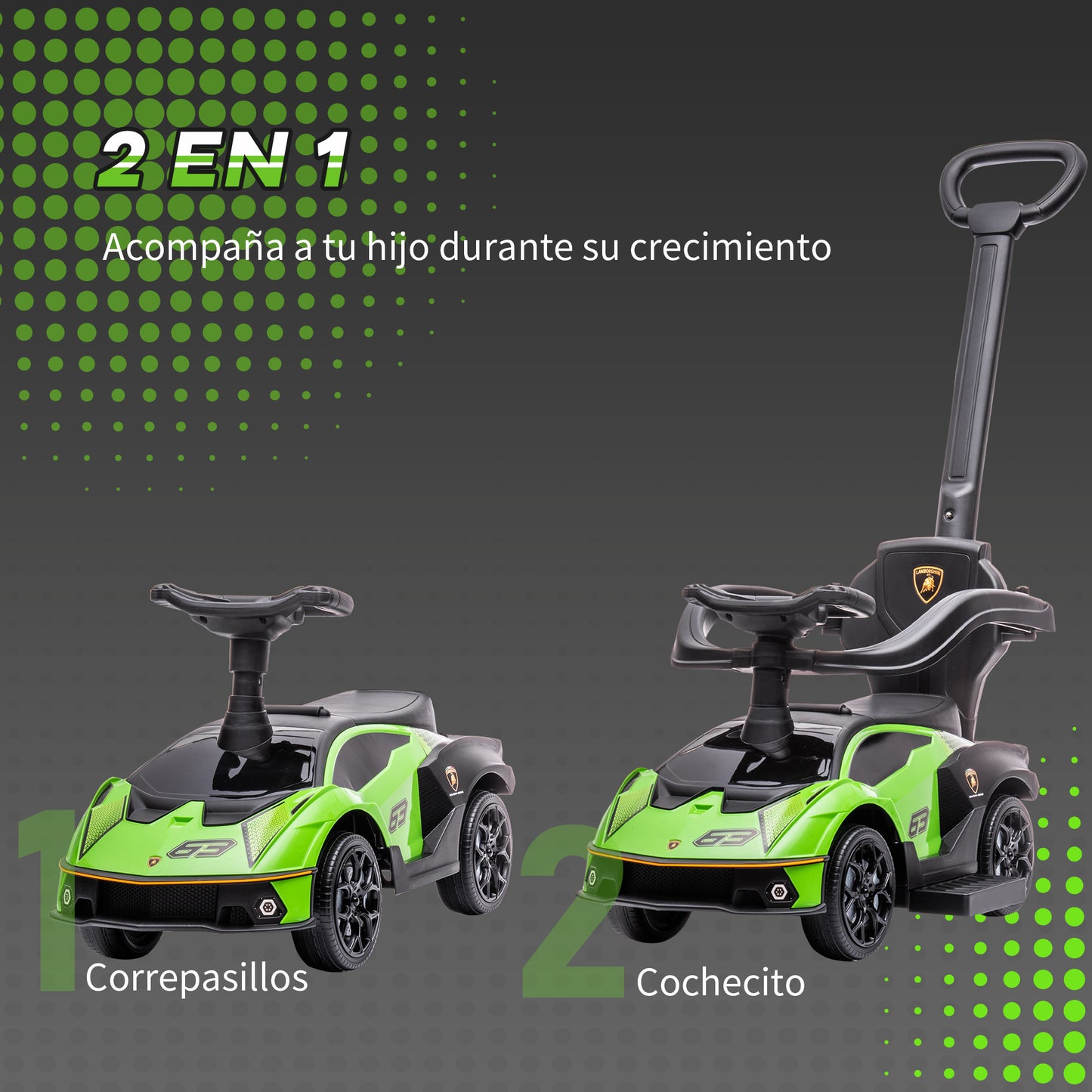 AIYAPLAY 2 en 1 Coche Correpasillos para Niños 12-36 Meses Lamborghini Essenza SCV12 Andador Empujador con Bocina Mango de Empuje y Barandilla Extraíbles 86,5x40x89,5 cm Verde y Negro