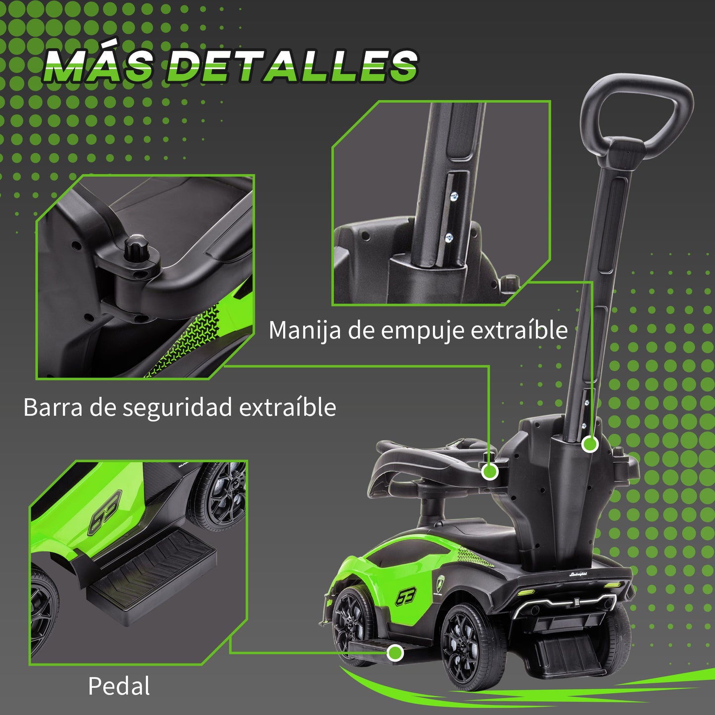 AIYAPLAY 2 en 1 Coche Correpasillos para Niños 12-36 Meses Lamborghini Essenza SCV12 Andador Empujador con Bocina Mango de Empuje y Barandilla Extraíbles 86,5x40x89,5 cm Verde y Negro