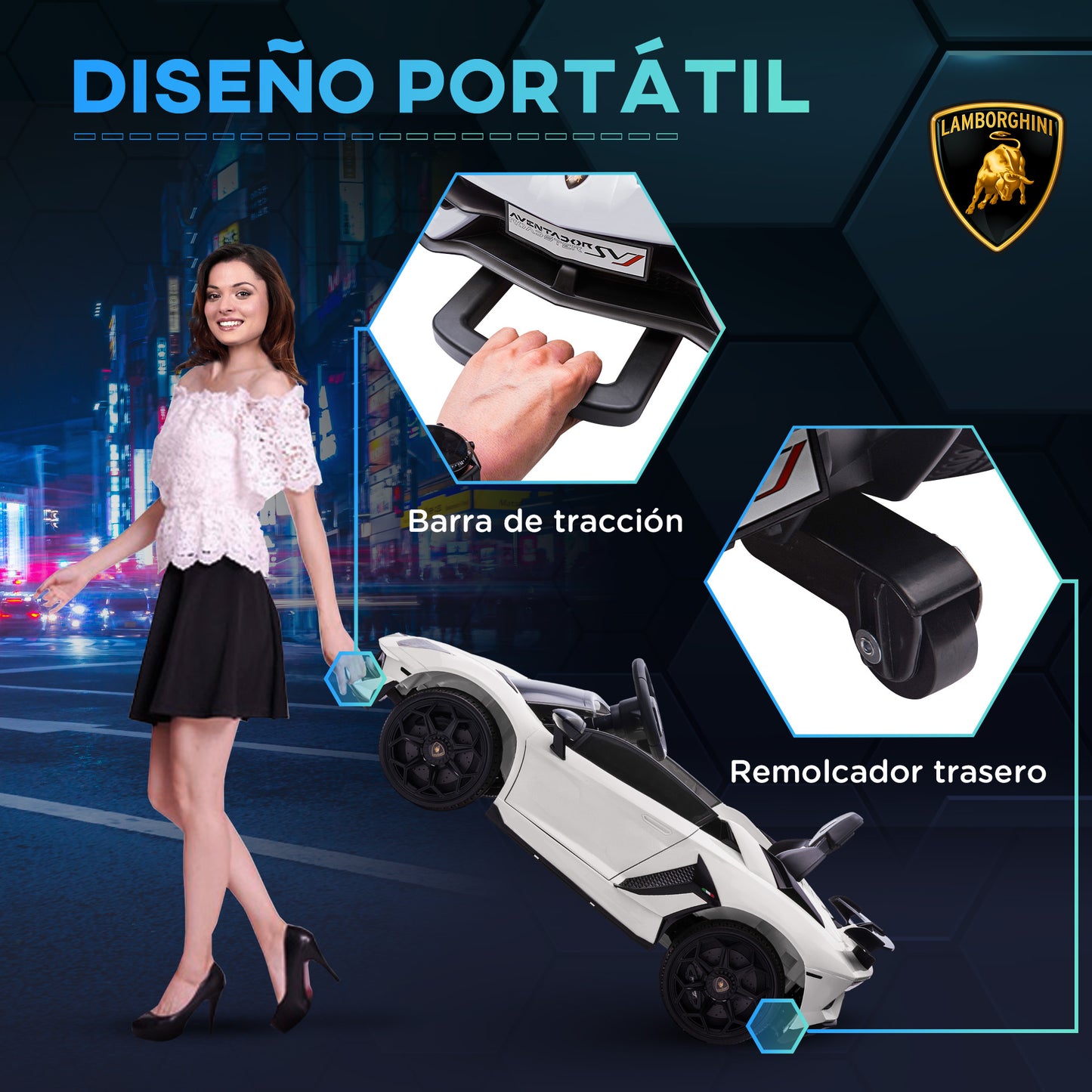 HOMCOM Coche Eléctrico Lamborghini para Niños Coche de Batería 12V Velocidad Max.5 km/h Puerta de Tijera con Control Remoto MP3 Luces y Cinturón de Seguridad Blanco