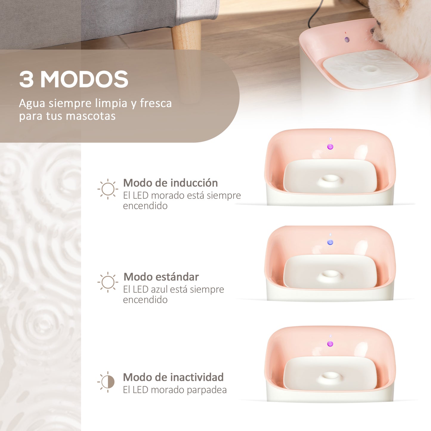 PawHut Fuente de Agua para Gatos 3L con Sensor de Infrarrojos 3 Modos Dispensador de Agua para Perros y Gatos Bebedero para Gatos con Luz Indicadora LED 21x20x18 cm Blanco y Rosa