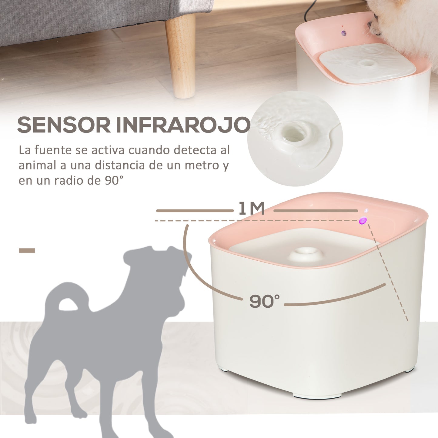 PawHut Fuente de Agua para Gatos 3L con Sensor de Infrarrojos 3 Modos Dispensador de Agua para Perros y Gatos Bebedero para Gatos con Luz Indicadora LED 21x20x18 cm Blanco y Rosa