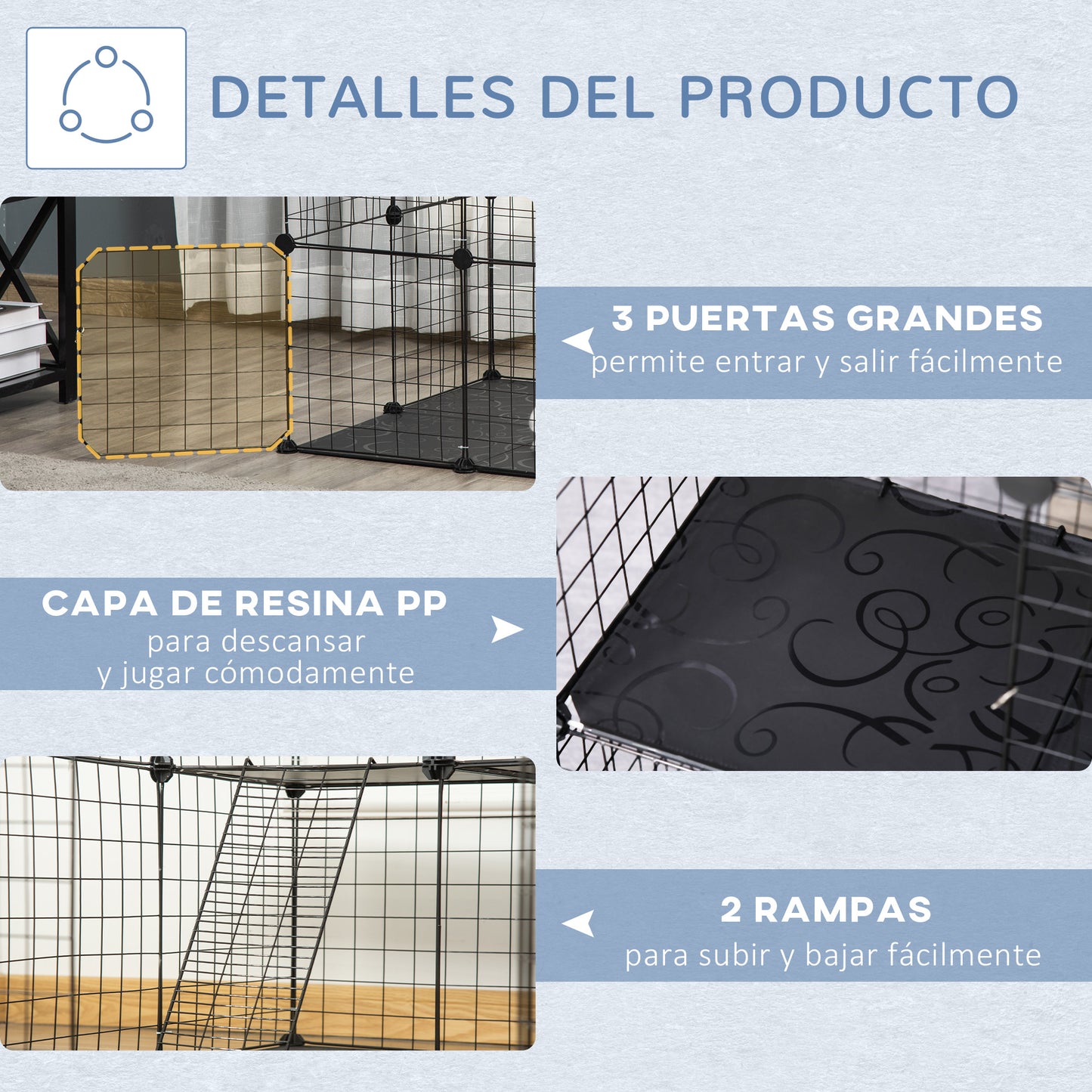 PawHut Jaula para Animales Pequeños de 3 Niveles Parque para Mascotas con 39 Paneles 35x35 cm Rampas y Forma Personalizable para Cobayas Conejos Chinchillas 70x70x105 cm Negro