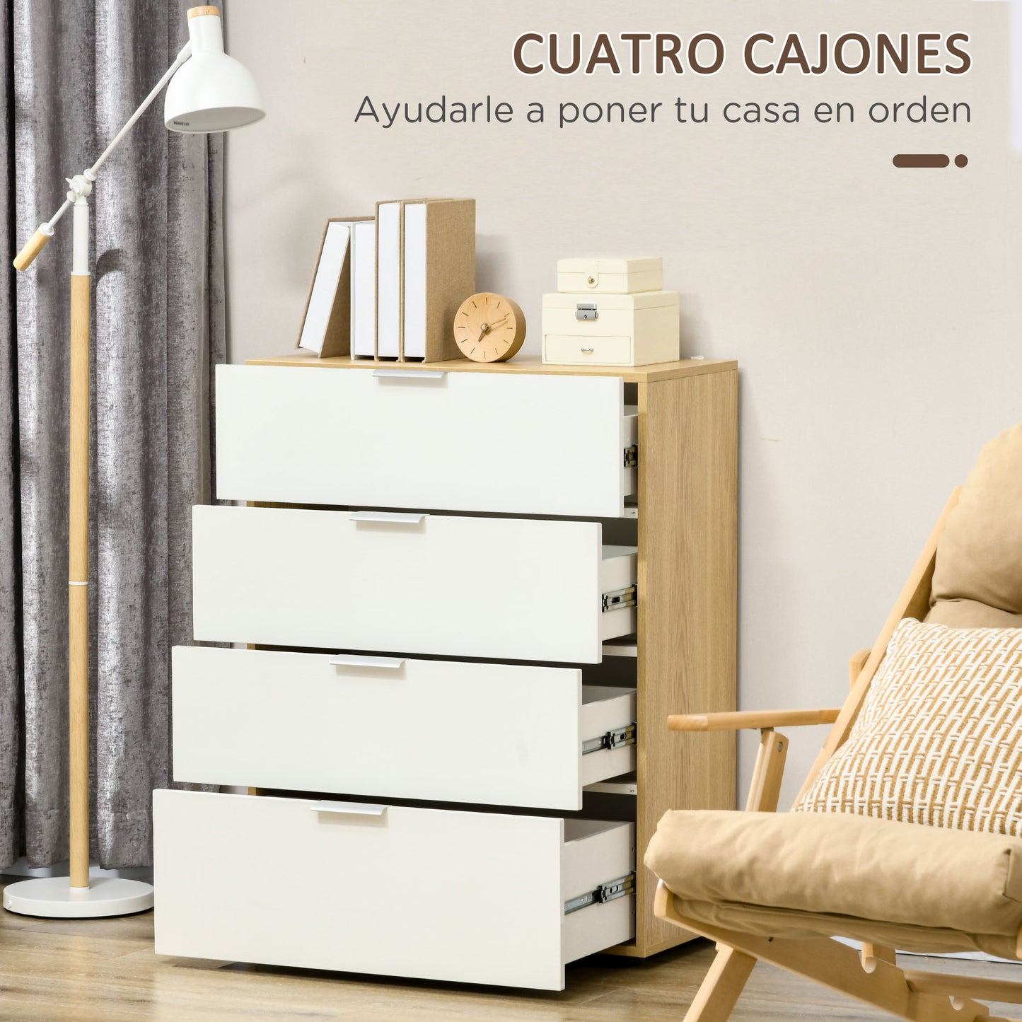 HOMCOM Cómoda con 4 Cajones de Alto Brillo Cajonera de Madera para Dormitorio Salón Oficina Estilo Moderno 70x35x92 cm Blanco y Natural