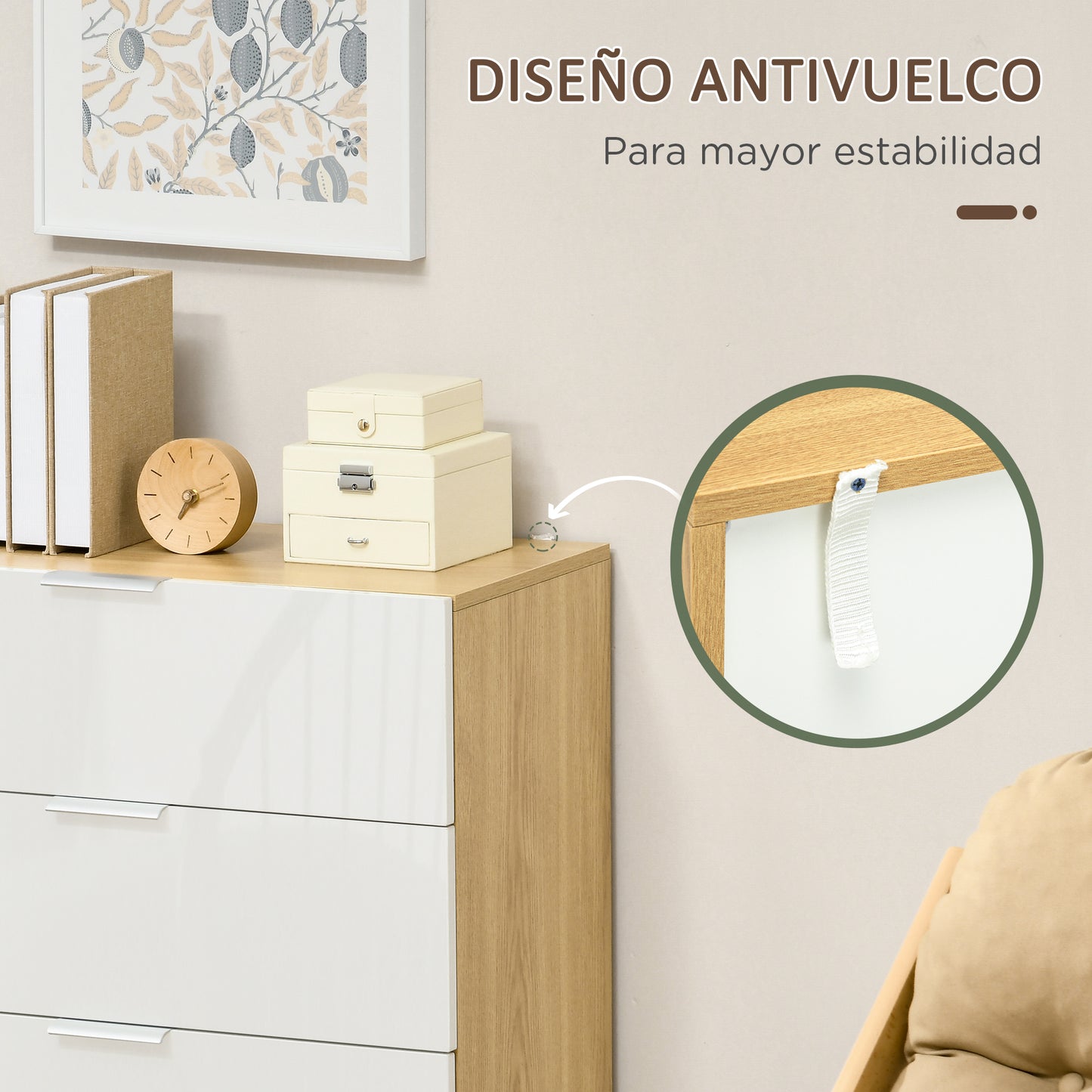 HOMCOM Cómoda con 4 Cajones de Alto Brillo Cajonera de Madera para Dormitorio Salón Oficina Estilo Moderno 70x35x92 cm Blanco y Natural