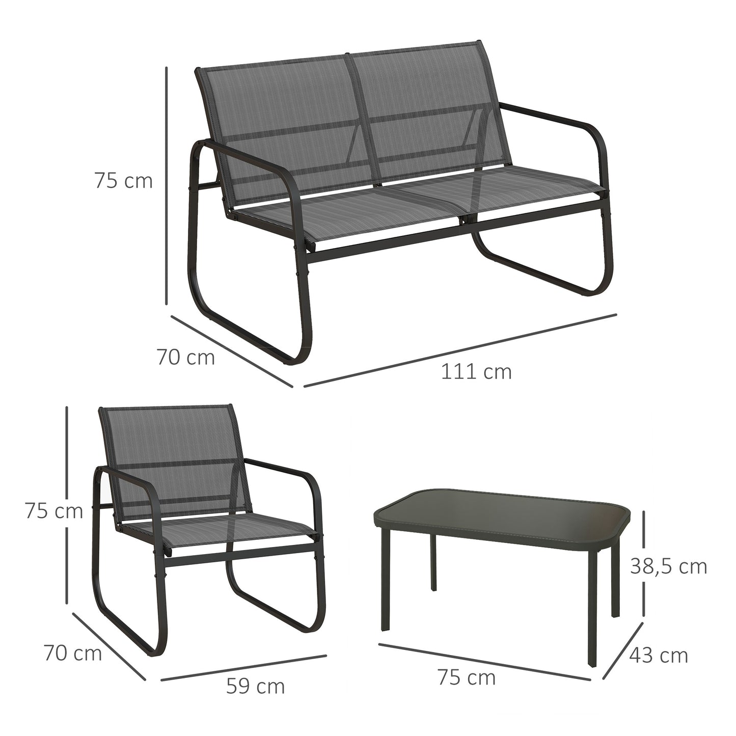 Outsunny Conjunto de Muebles de Jardín Juego de 4 Piezas Muebles de Terraza con 2 Sillones 1 Sofá Exterior de 2 Plazas y Mesa de Centro con Tablero de Vidrio Templado Negro