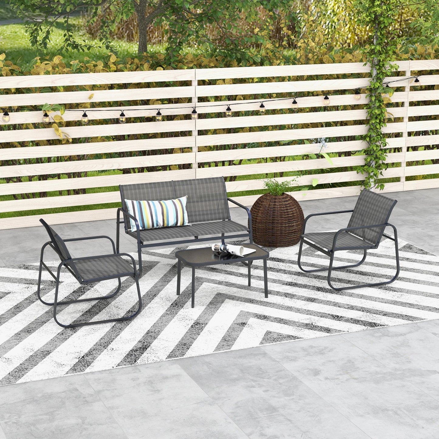 Outsunny Conjunto de Muebles de Jardín Juego de 4 Piezas Muebles de Terraza con 2 Sillones 1 Sofá Exterior de 2 Plazas y Mesa de Centro con Tablero de Vidrio Templado Negro