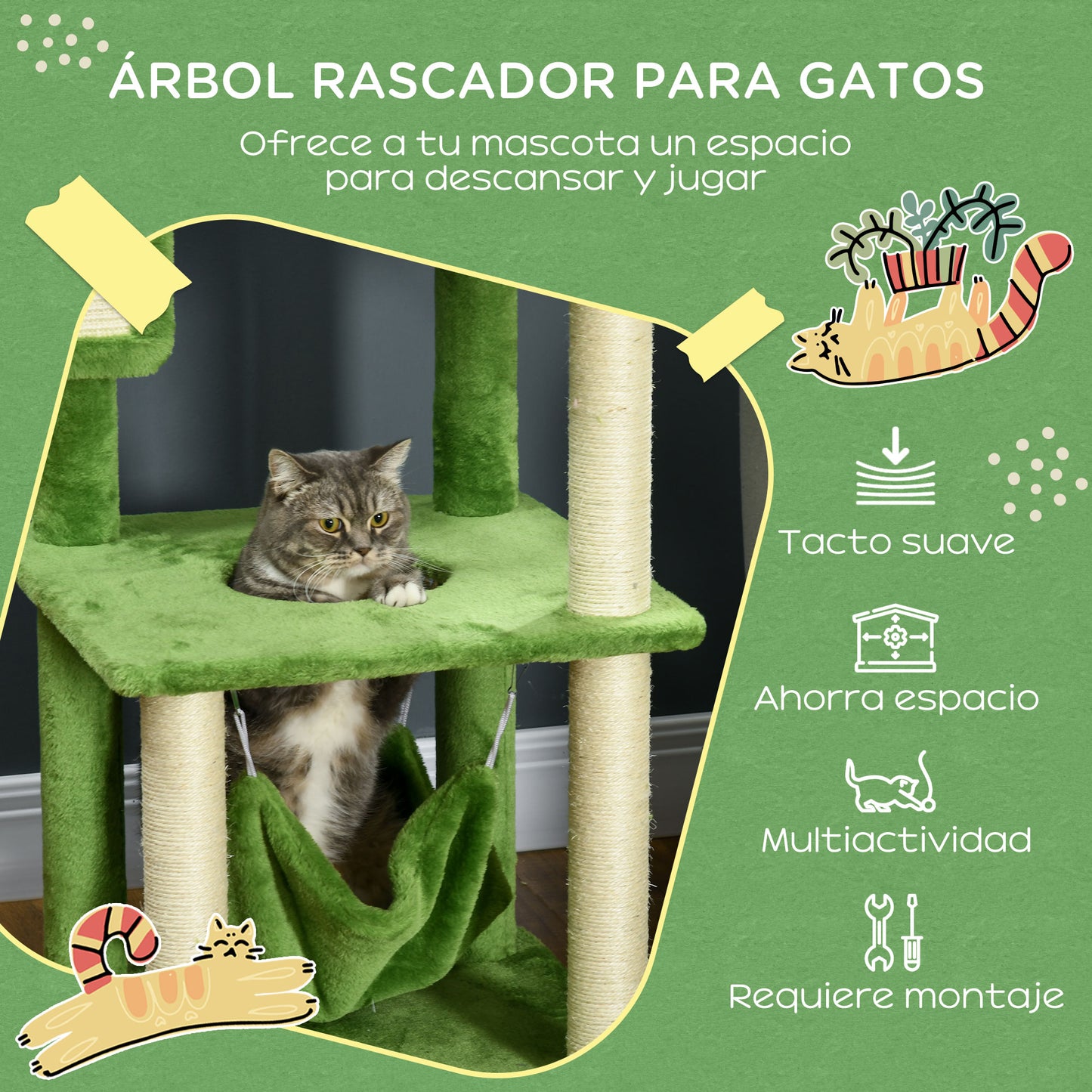 PawHut Árbol Rascador para Gatos Grandes de 142 cm Torre para Gatos de Interior con Postes de Sisal Plataformas Hamaca Hojas y Bola de Juguete 49x49x142 cm Verde