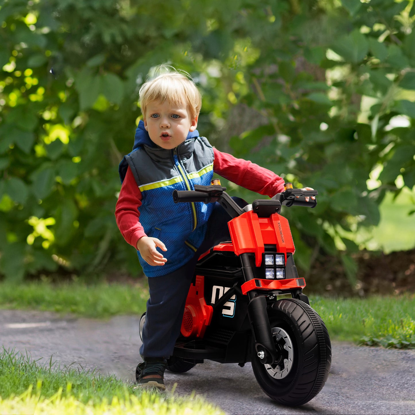 HOMCOM Moto Eléctrica Infantil Moto de Batería 6V con Faros Música Bocina Velocidad 3 km/h Avance Retroceso y Ruedas Auxiliares para Niños de 3-5 Años Carga 25 kg 86x44x58 cm Negro y Rojo