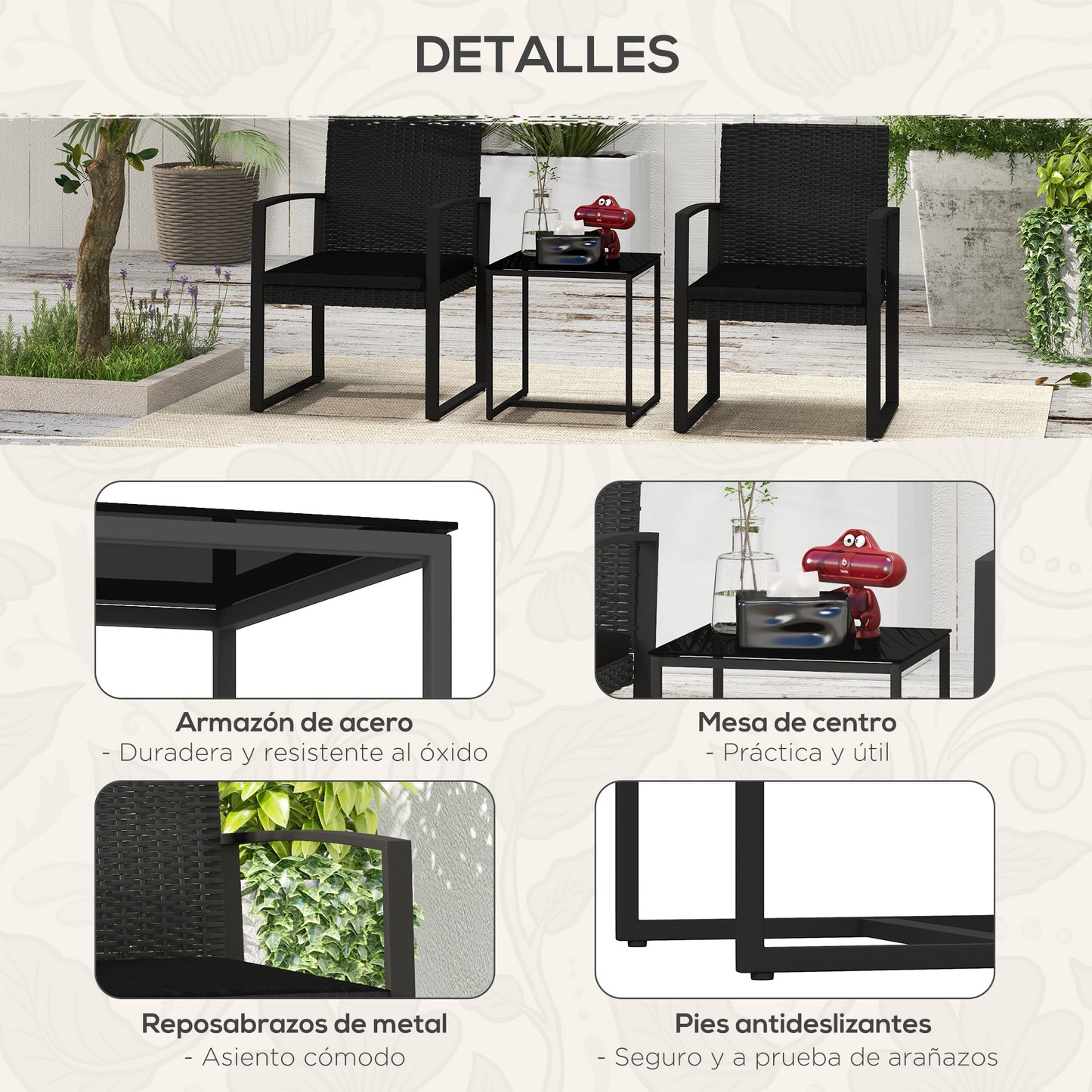 Outsunny Conjunto de Muebles de Jardín de Ratán Sintético Juego de 1 Mesa y 2 Sillas de Terraza con Cojines y Reposabrazos para Balcón Patio Negro