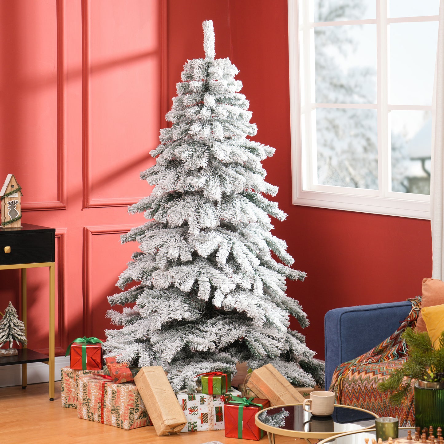 HOMCOM Árbol de Navidad 180 cm Árbol de Navidad Artificial Nevado con 627 Ramas y Soporte de Metal Árbol de Navideño para Salón Verde y Blanco