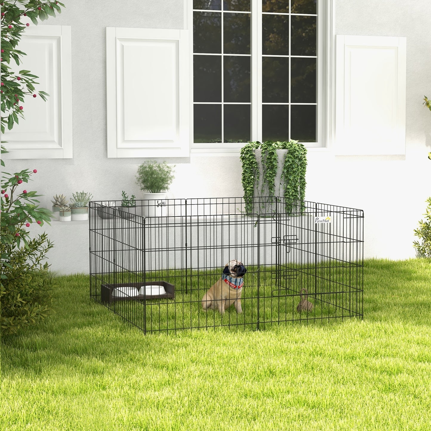 PawHut Parque de Juegos para Perros 8 Paneles Plegables Jaula Metálica para Mascotas con Puerta y Doble Cerradura para Jardín Patio Exterior Negro