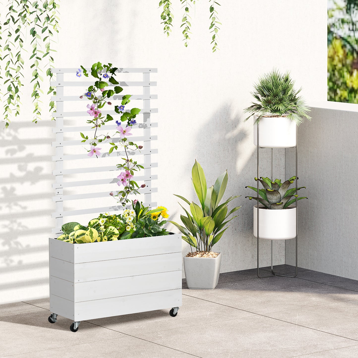 Outsunny Jardinera con Enrejado de Madera Maciza con 4 Ruedas Macetero de Jardín con Soporte para Trepadora y Tela Geotextil para Cultivos Plantas Flores 76x30x155 cm Blanco